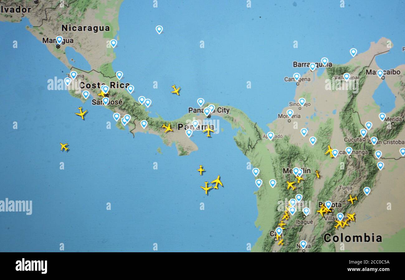 air traffic over Central America(15 august 2020, UTC 15.36), on Internet with Flightradar 24 site, during the Coronavirus pandemic Stock Photo