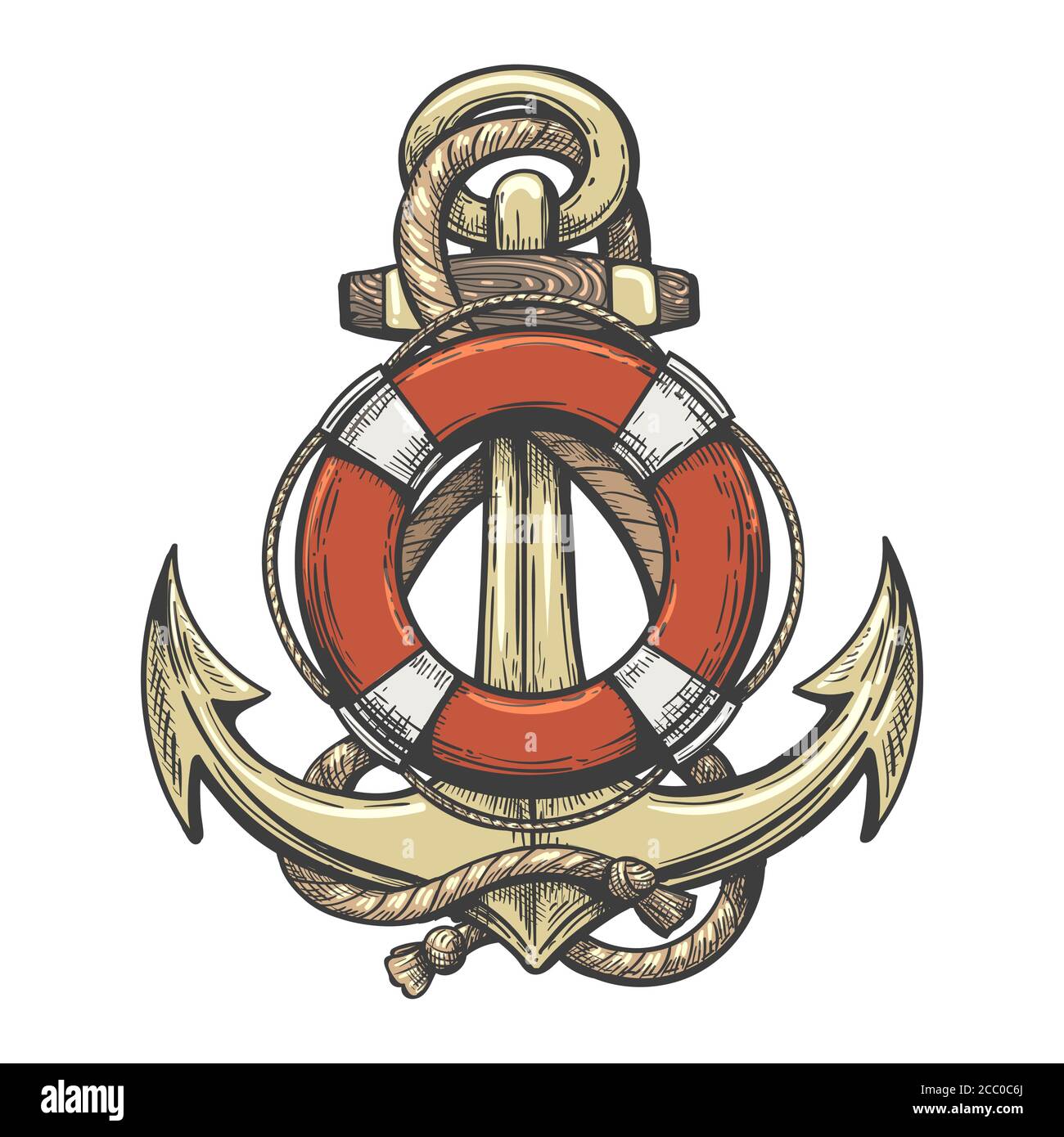 Ship Anchor and Lifebuoy Colorful Tattoo. Vector illustration. Stock Vector