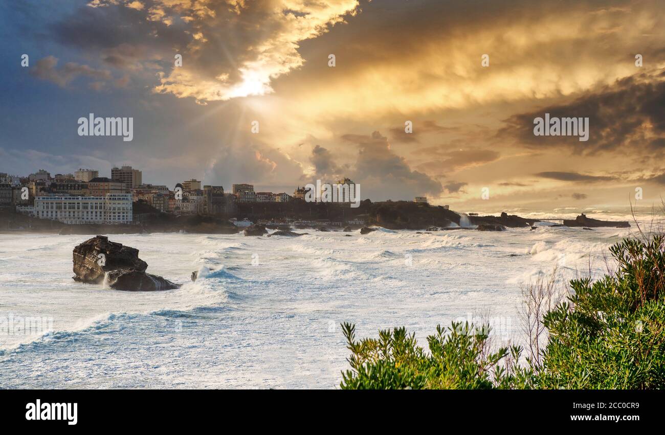 an ocean storm weather with huge waves in Biarritz, France Stock Photo ...