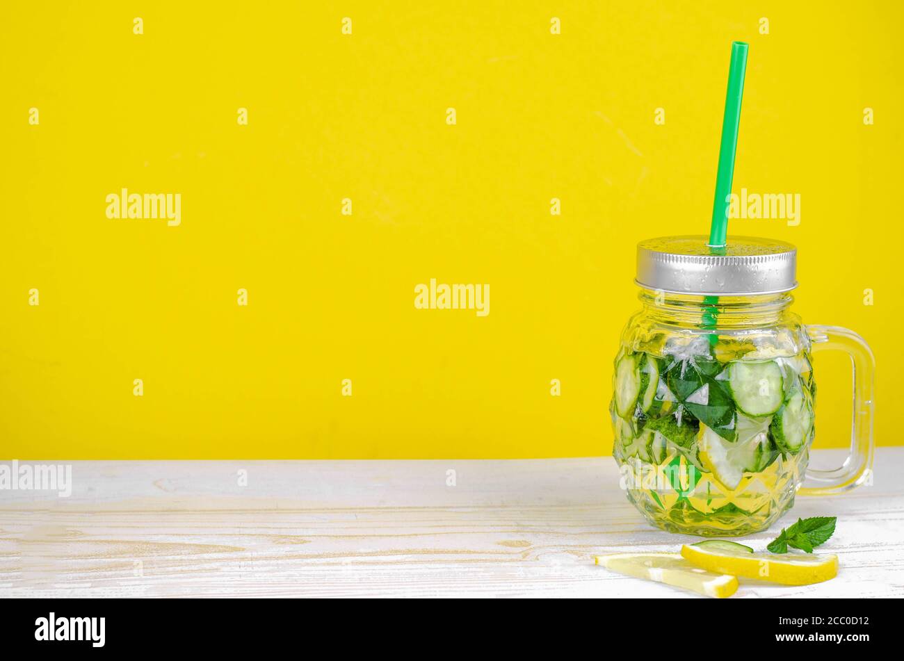 fresh summer water with lemon, cucumber and mint. sassy water for detox. copy space Stock Photo