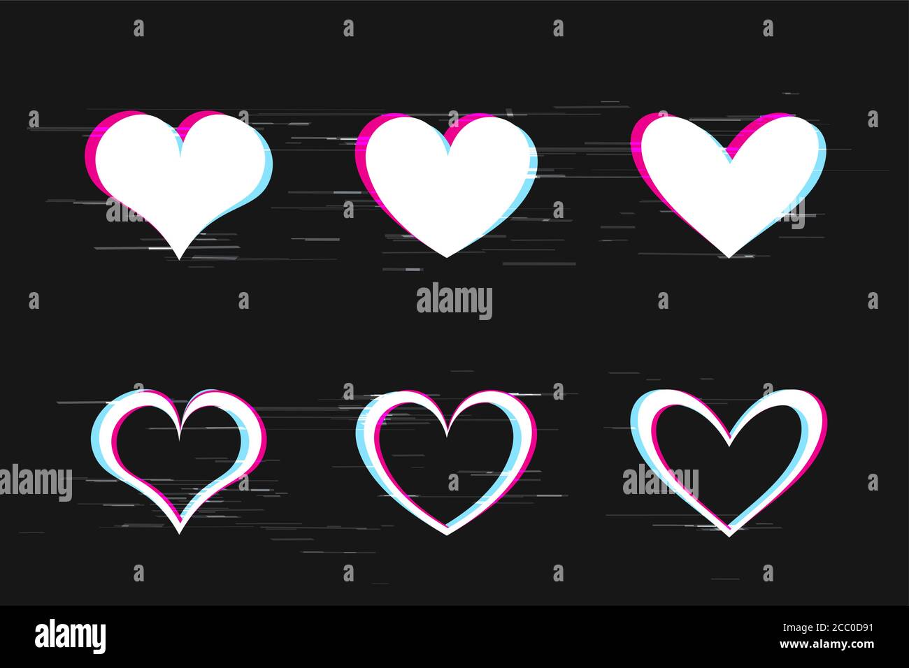 glitch hearts set on dark background Stock Vector