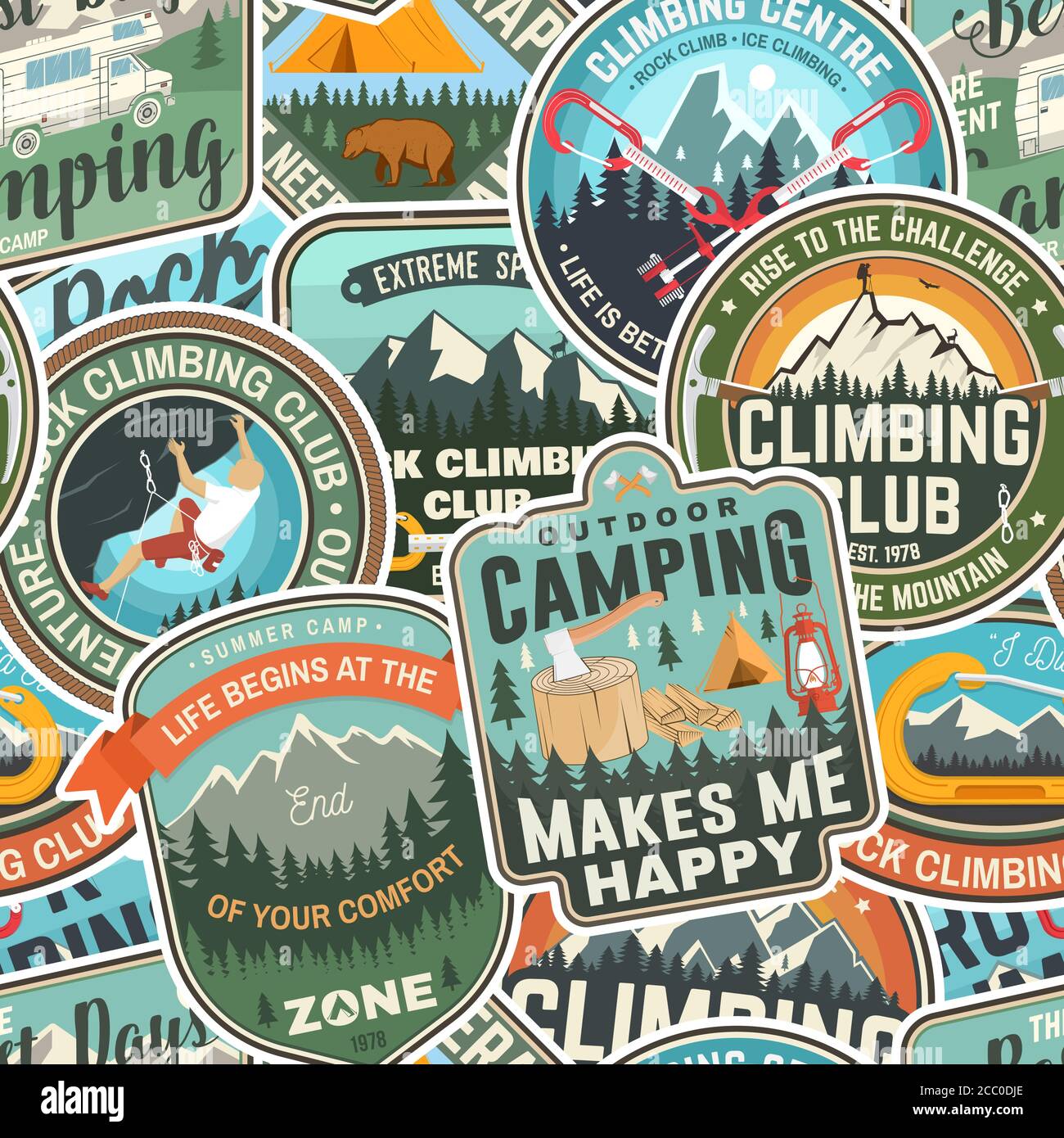 Summer camp and rock climbing colorful seamless pattern with climber