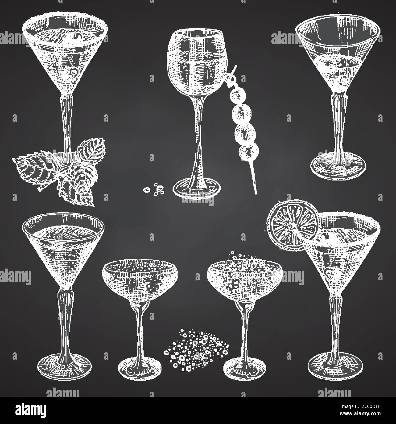Set hand drawn sketch glasses for alcoholic drink. Champagne. Vintage design bar, restaurant, cafe menu Chalkboard background. Creative template for Stock Vector