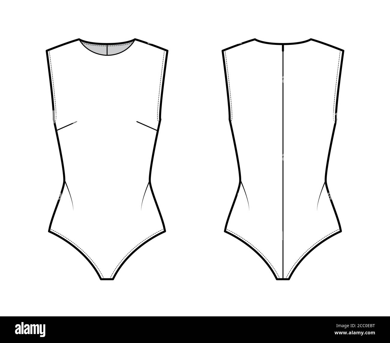 Sleeveless bodysuit technical fashion illustration with round neck ...