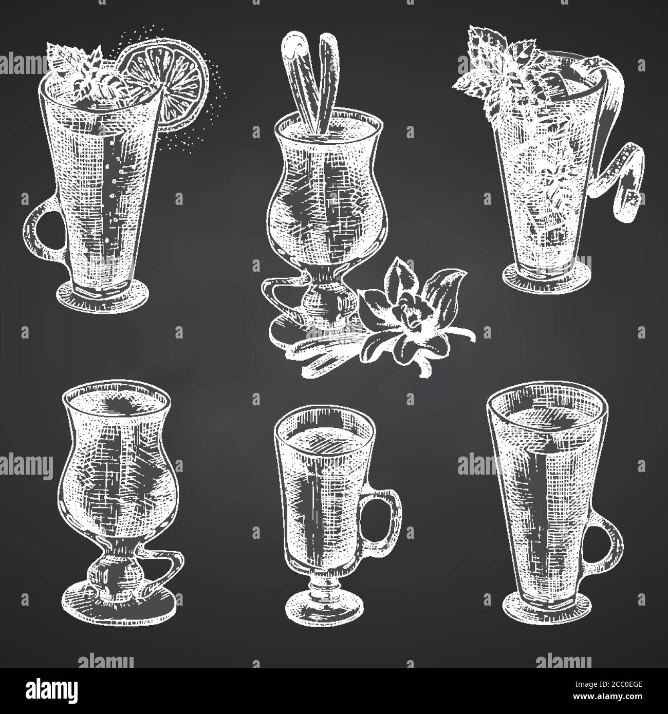 Set hand drawn sketch glasses for christmas alcoholic drink. Mulled wine Vintage design bar, restaurant, cafe menu Chalkboard background Creative Stock Vector