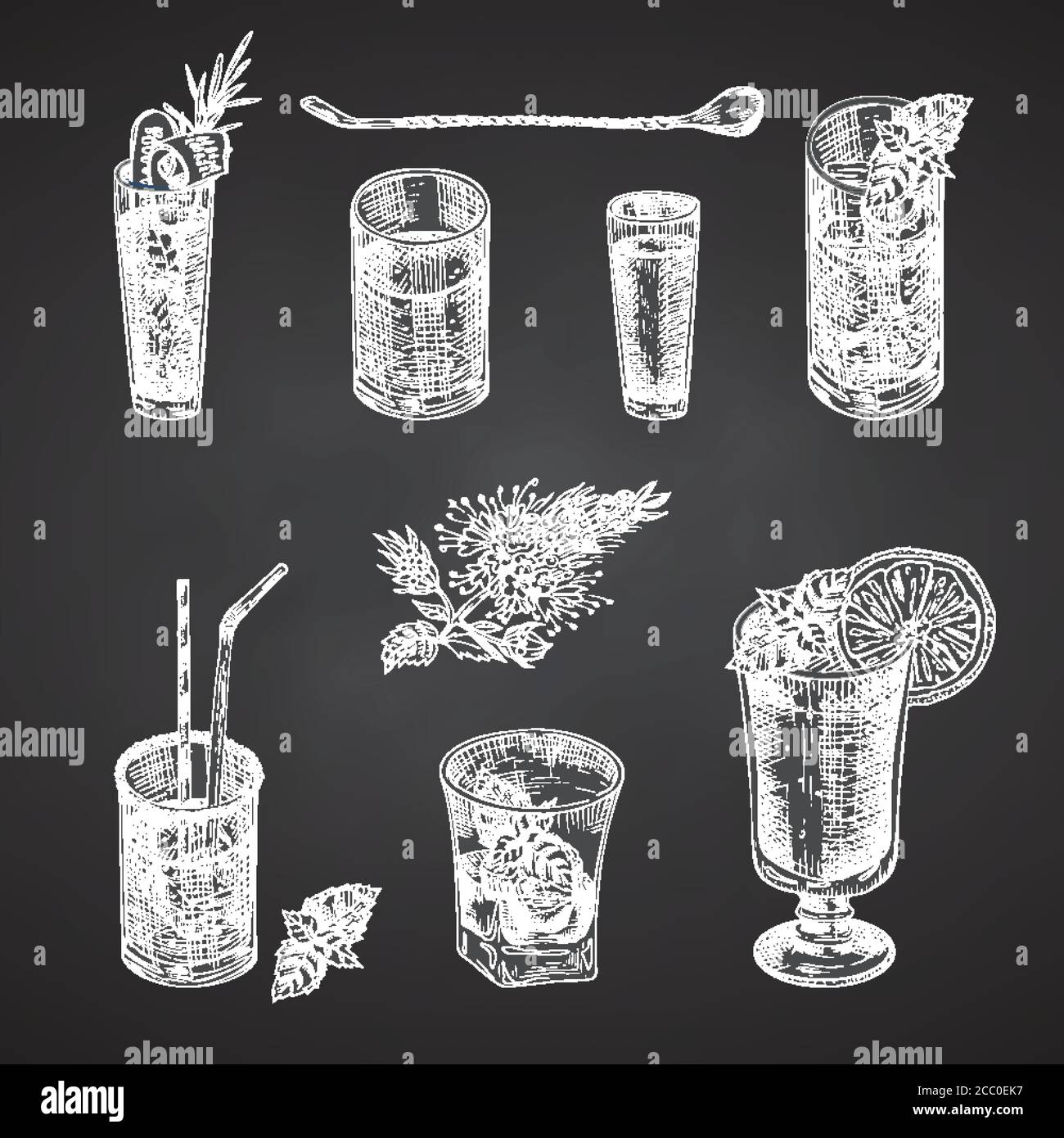 Set hand drawn sketch glasses for alcoholic drink Vodka, whiskey, wine Vintage design bar, restaurant, cafe menu Chalkboard background. Creative Stock Vector