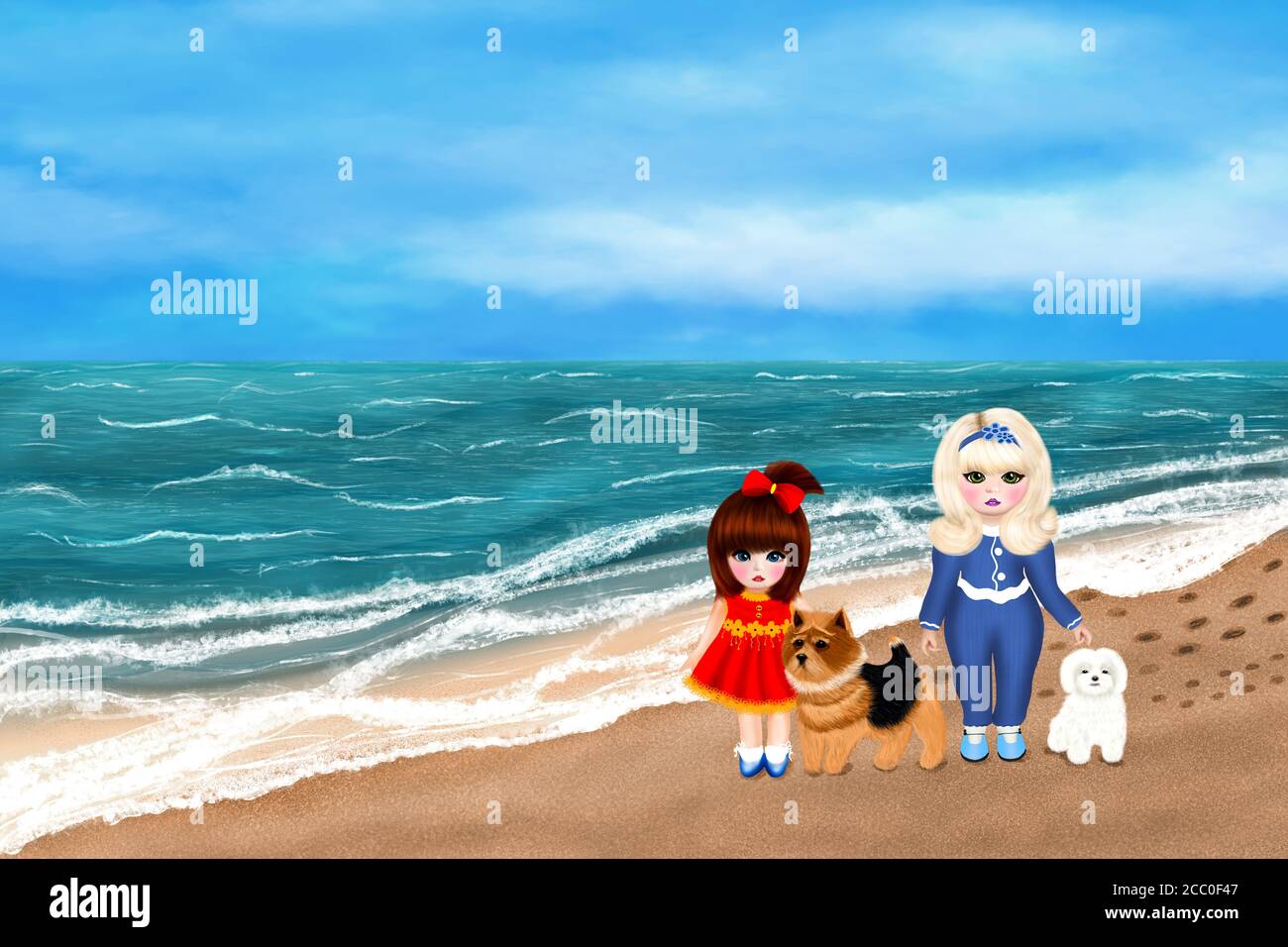Two cute girls with two dogs walks along the beach. Girl in red dress and girl in blue suit with dogs. Picture in kawaii dolls style. Digital artwork. Stock Photo