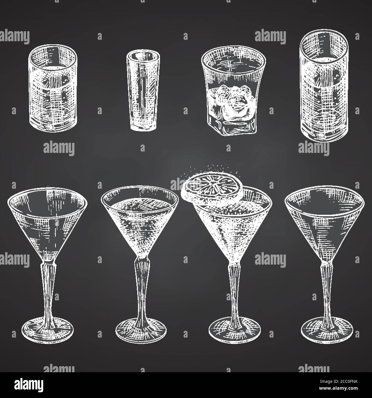 Set hand drawn sketch glass for alcoholic drink. Champagne, whiskey Vintage design bar, restaurant, cafe menu Chalkboard background. Creative template Stock Vector