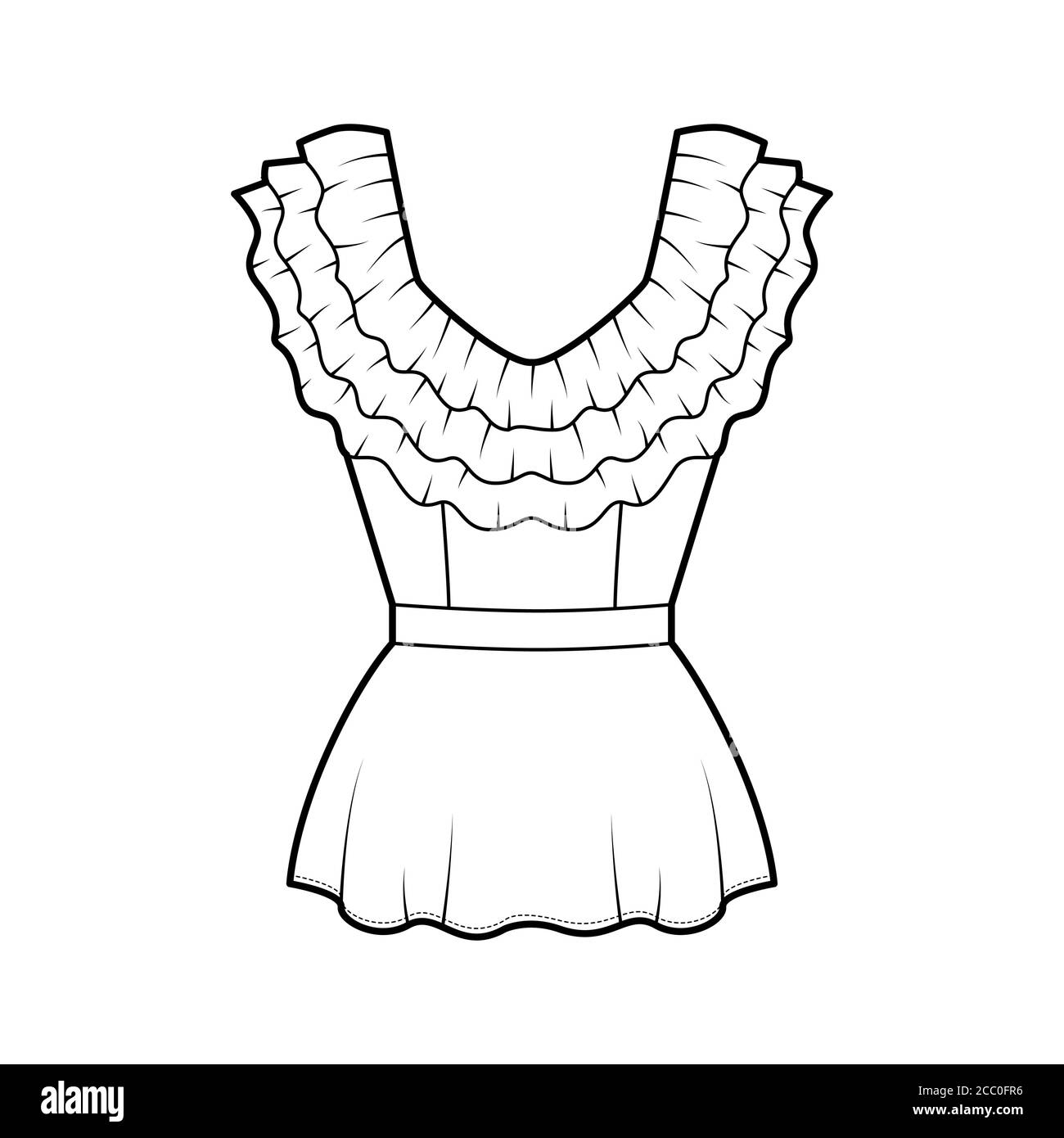 Peplum blouse technical fashion illustration with 3 layers of ruffles along the diamond neckline, back zip fastening. Flat apparel shirt template front, white color. Women men unisex top CAD mockup Stock Vector