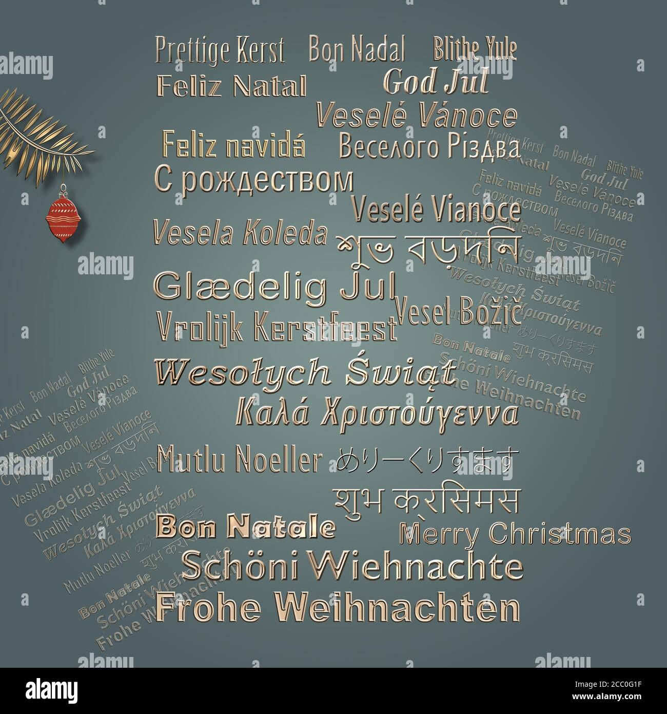 MERRY CHRISTMAS text in multiple languages with red hanging balls on