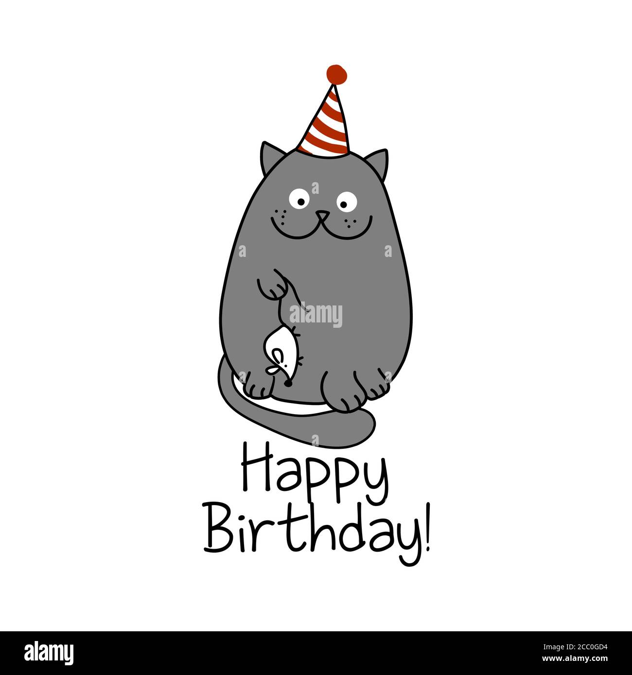 Happy Birthday text with cute cat with dead white mouse - funny quote  design with gray cat. Kitten calligraphy sign for print. Cute cat poster  with le Stock Vector Image & Art -