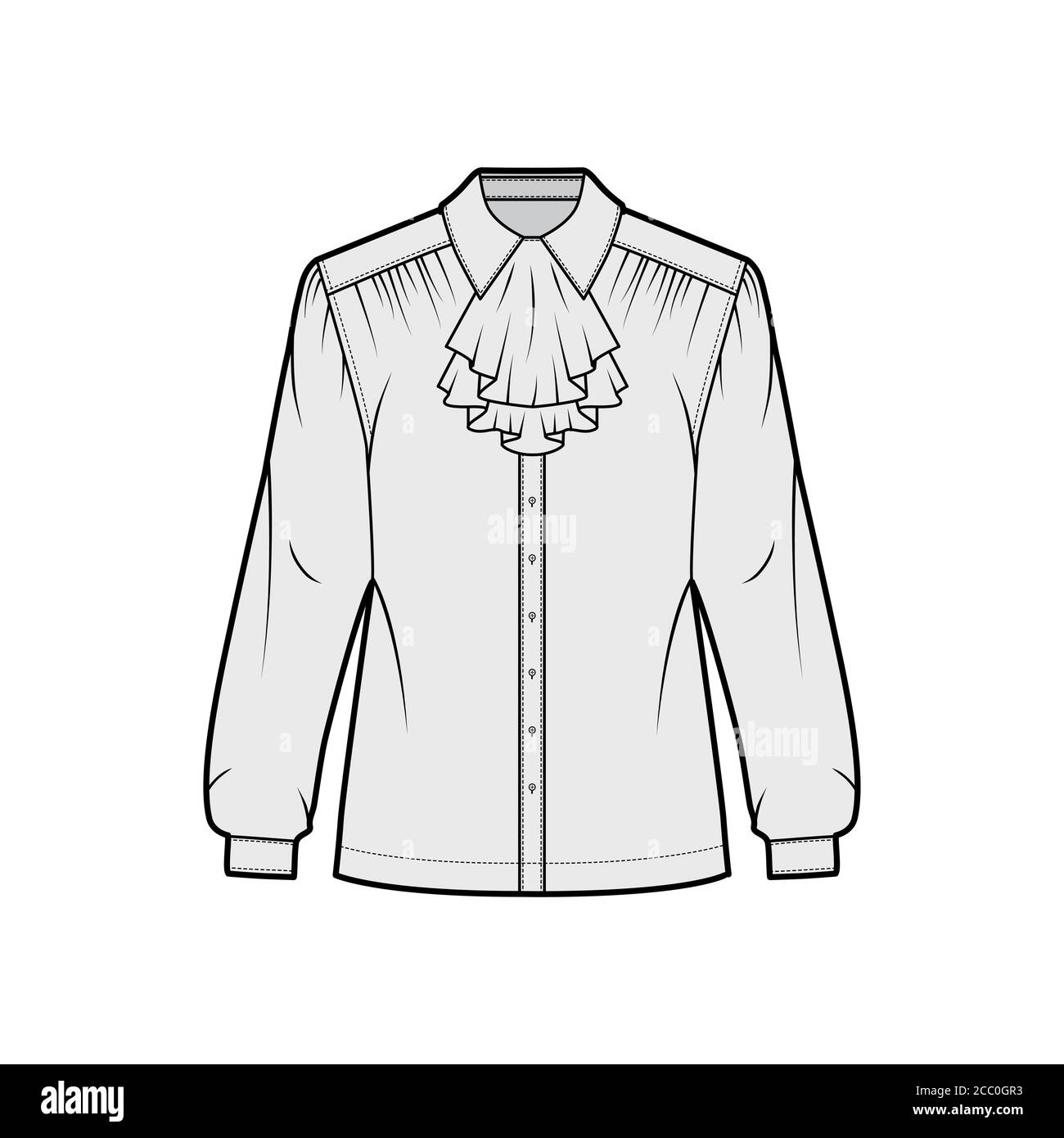 Jabot shirt technical fashion illustration with long sleeves with cuff