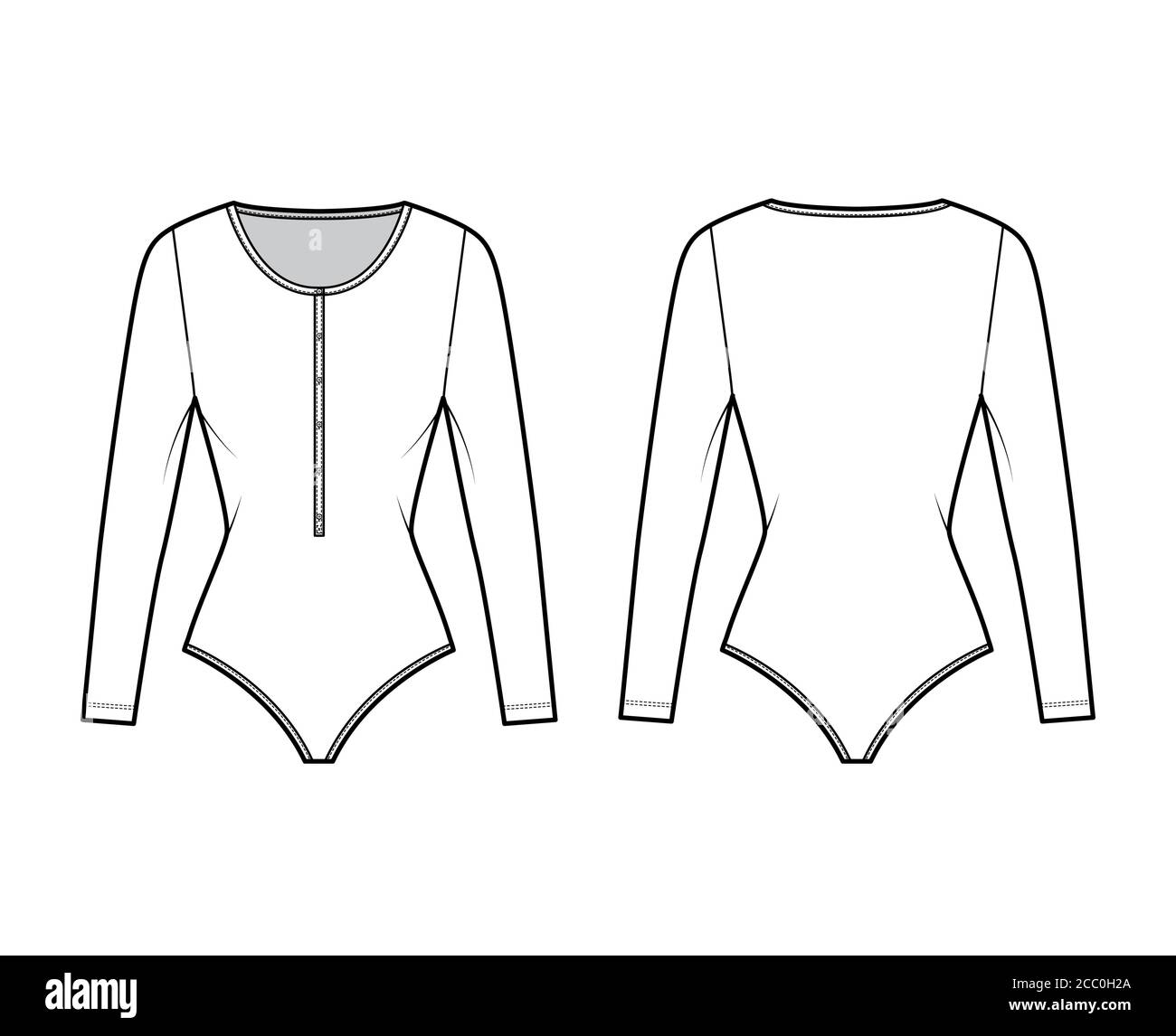 Download Cotton Jersey T Shirt Bodysuit Technical Fashion Illustration With Long Sleeves Scoop Henley Neck Flat Outwear One Piece Apparel Template Front Back White Color Women Men Unisex Top Cad Mockup Stock Vector Image Art