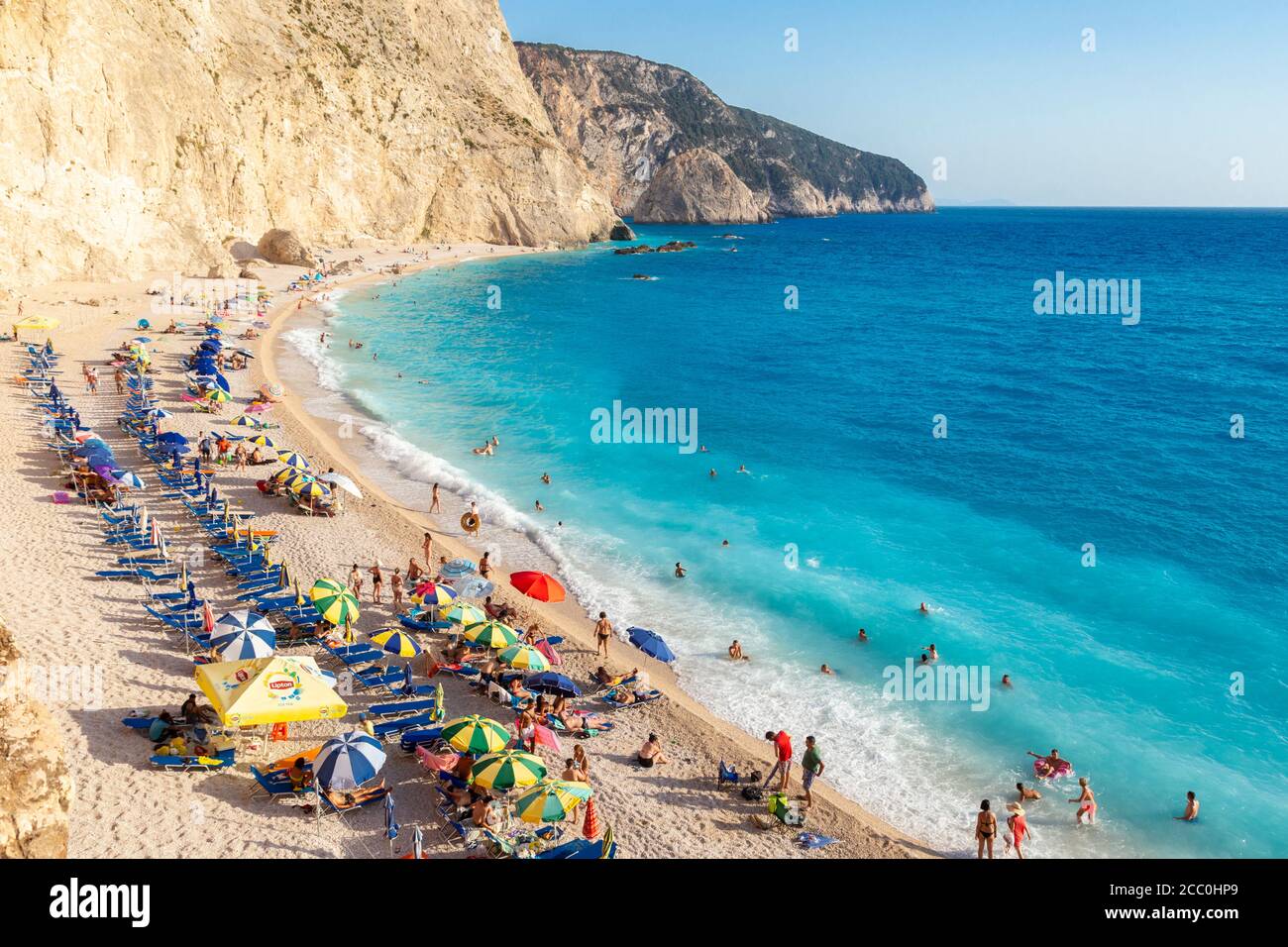 View of people swimming and relaxing at Porto Katsiki beach, Lefkada, Ionian Islands, Greece Stock Photo