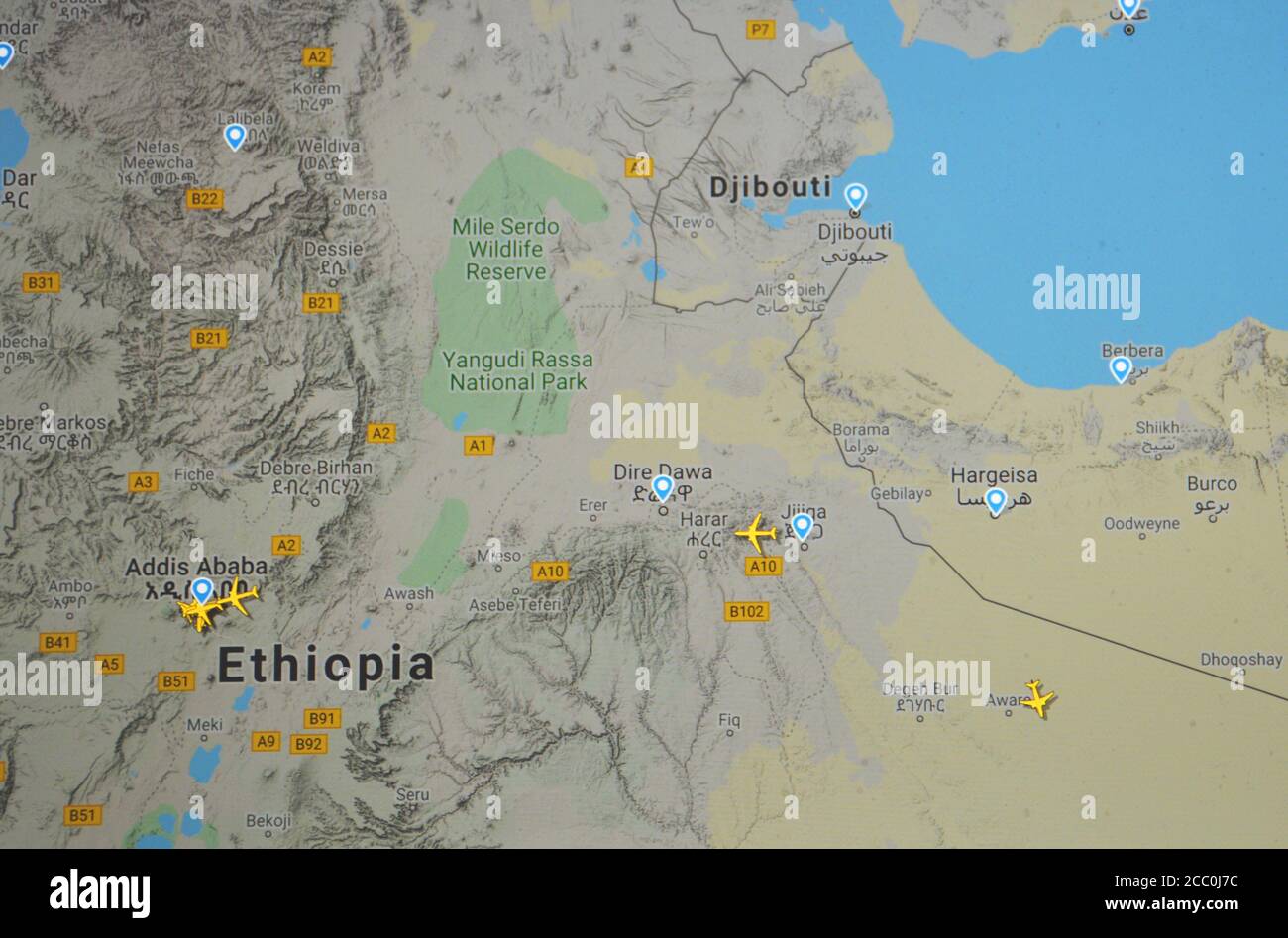 air traffic over Addis Ababa, Ethiopia (15 august 2020, UTC 12.11) on Internet with Flightradar 24 site, during the Coronavirus Pandemic Stock Photo