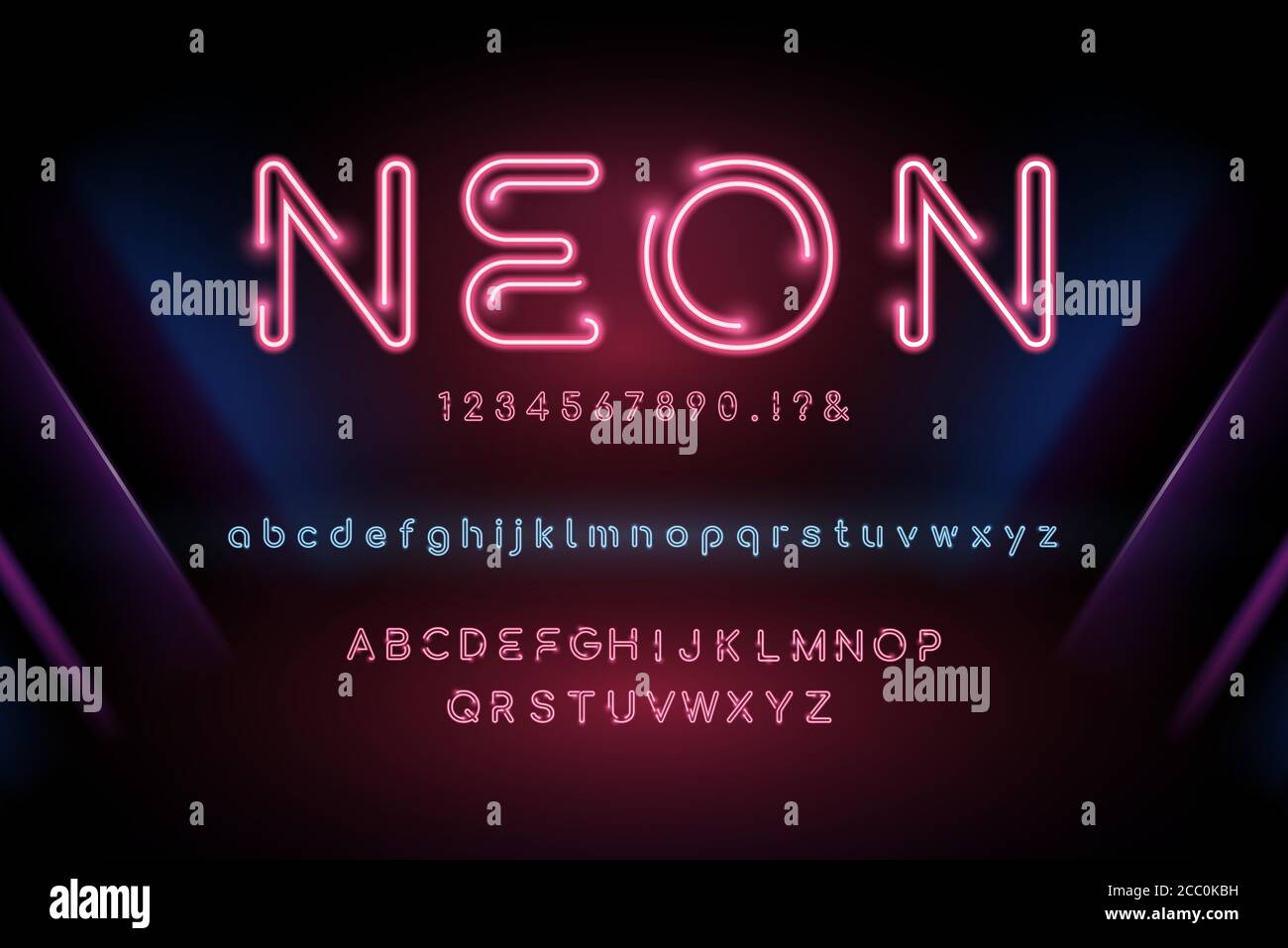 Glowing neon light alphabet font set with lowercase uppercase and numbers on dark night party theme background Stock Vector