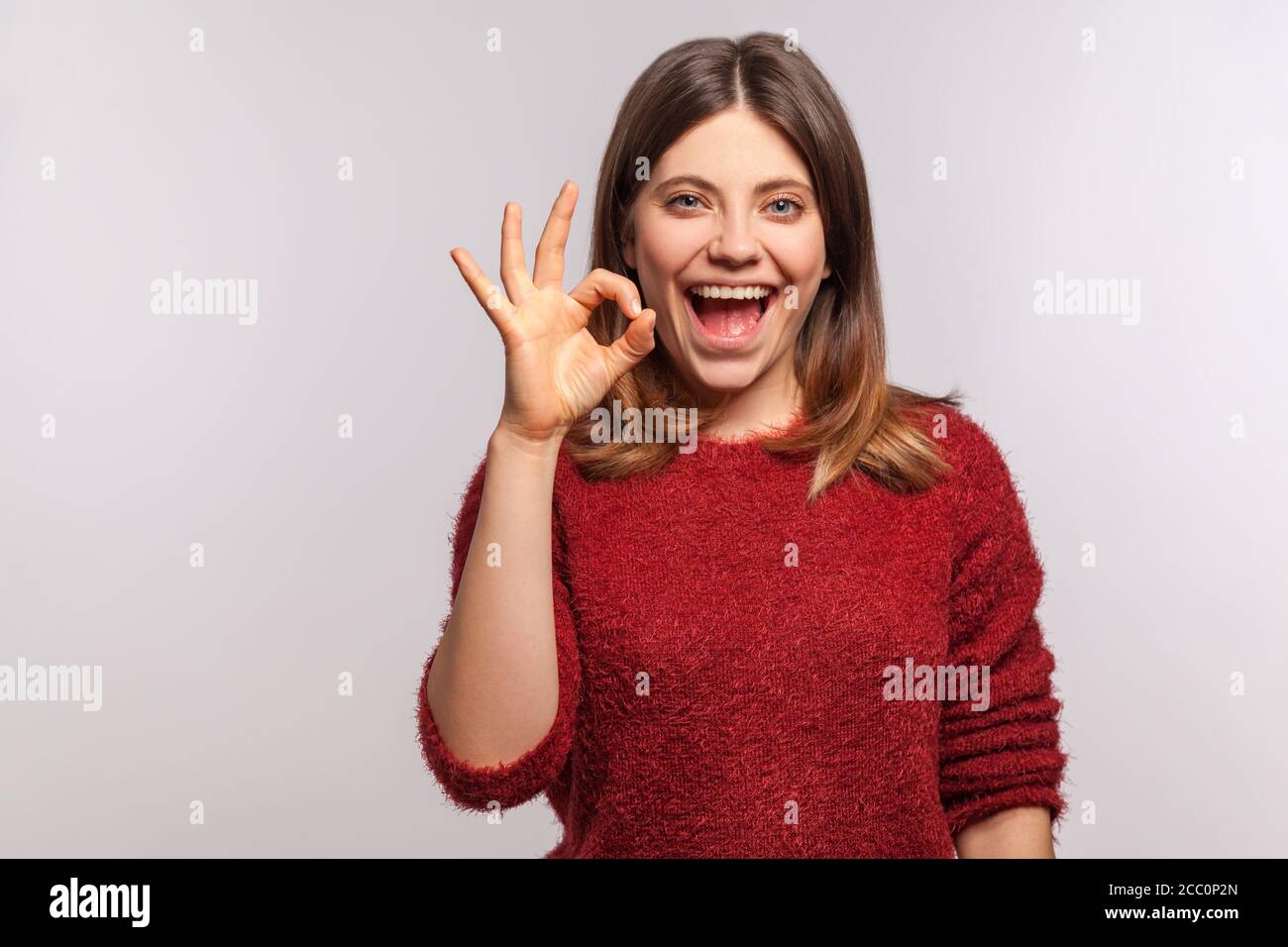 Okay, alright! Portrait of cheerful brunette girl in shaggy sweater smiling excitedly and showing ok hand gesture, approving suggestion, completely ag Stock Photo