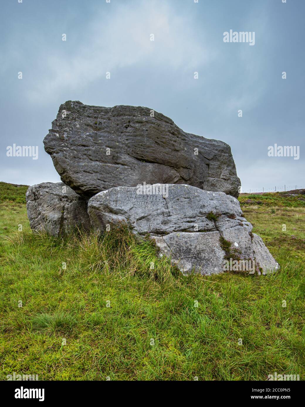 An ancient mythical configuration of three large stones with ancient carvings located on Craigmaddie Muir, Scotland. The purpose of the stones  is sti Stock Photo