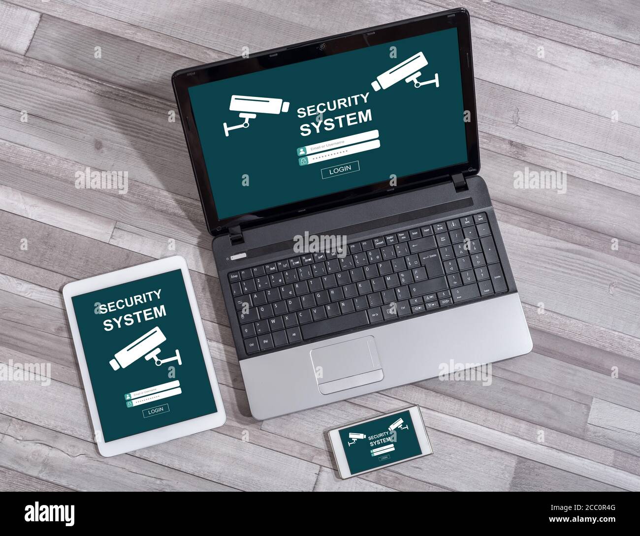 Security system concept shown on different information technology devices Stock Photo