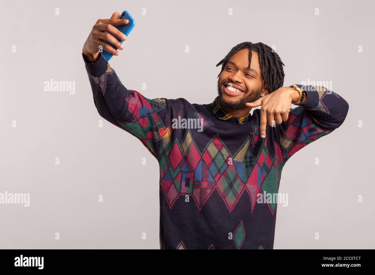 Please like and subscribe. happy african blogger man with dreadlocks in ...