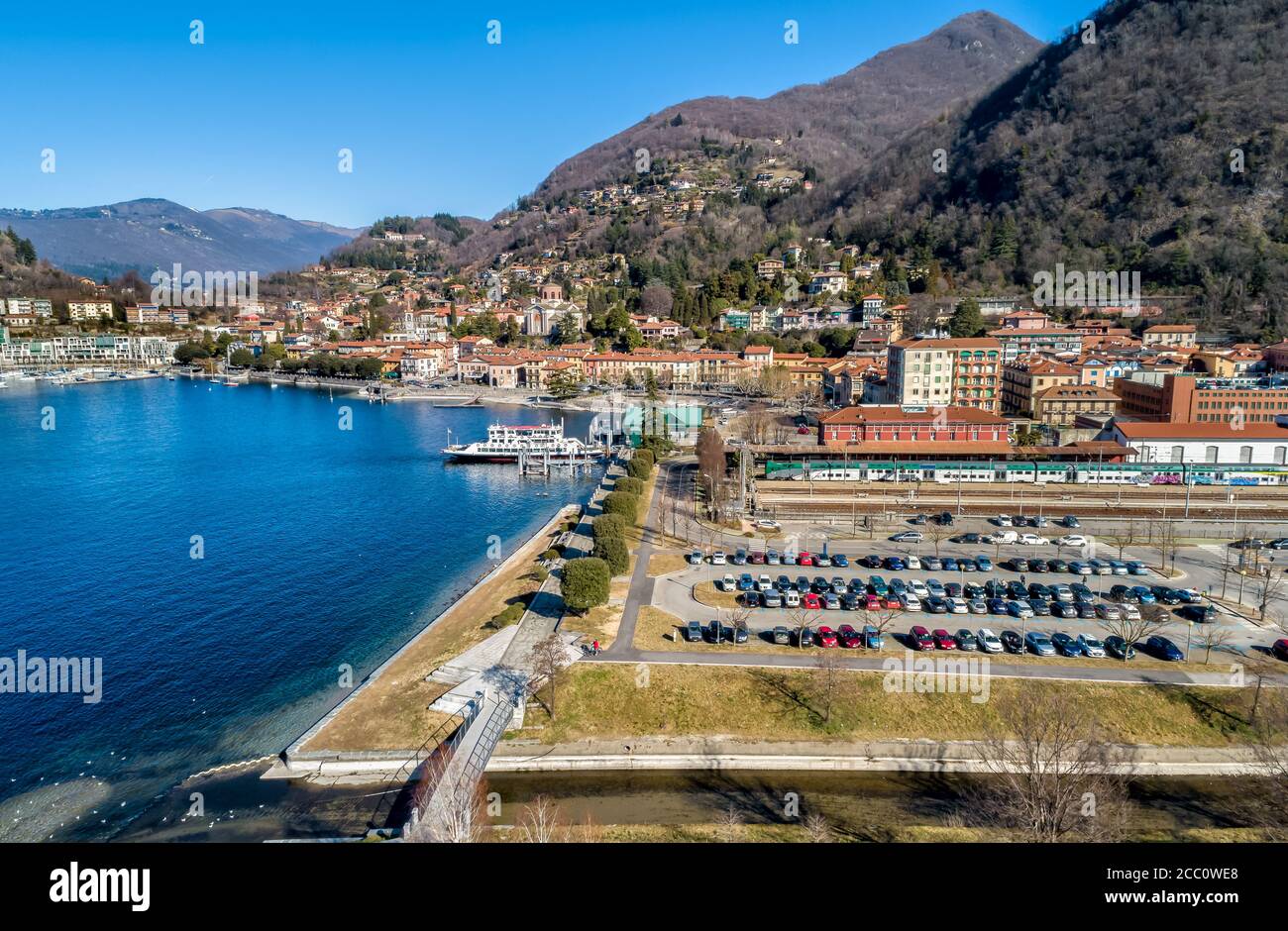 Aerial view of Laveno Mombello on the coast of lake Maggiore, province of Varese, Italy Stock Photo