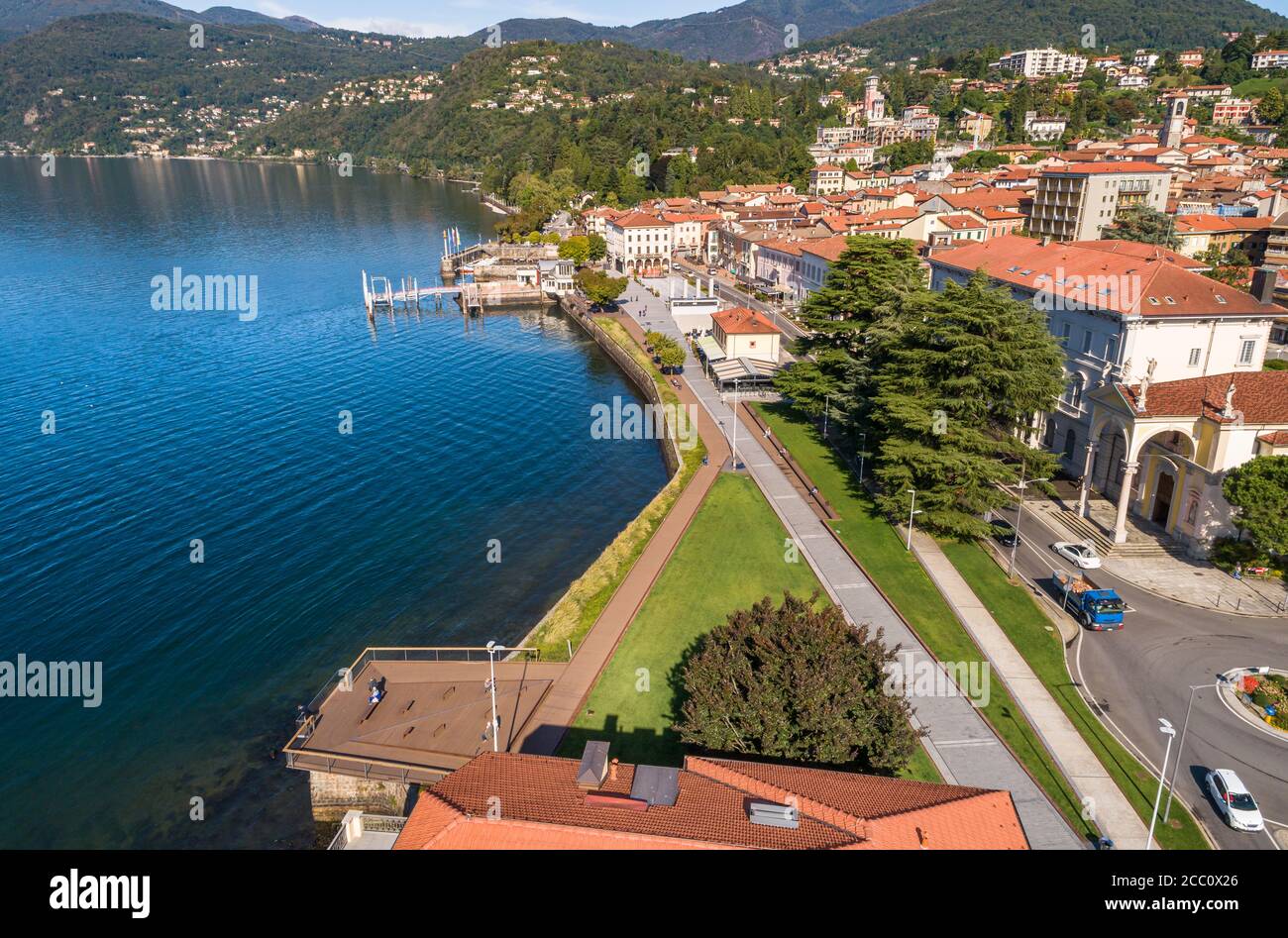 Aerial View Of Luino Is A Small Town On The Shore Of Lake Maggiore In aerial-view-of-luino-is-a-small-town-on-the-shore-of-lake-maggiore-in
