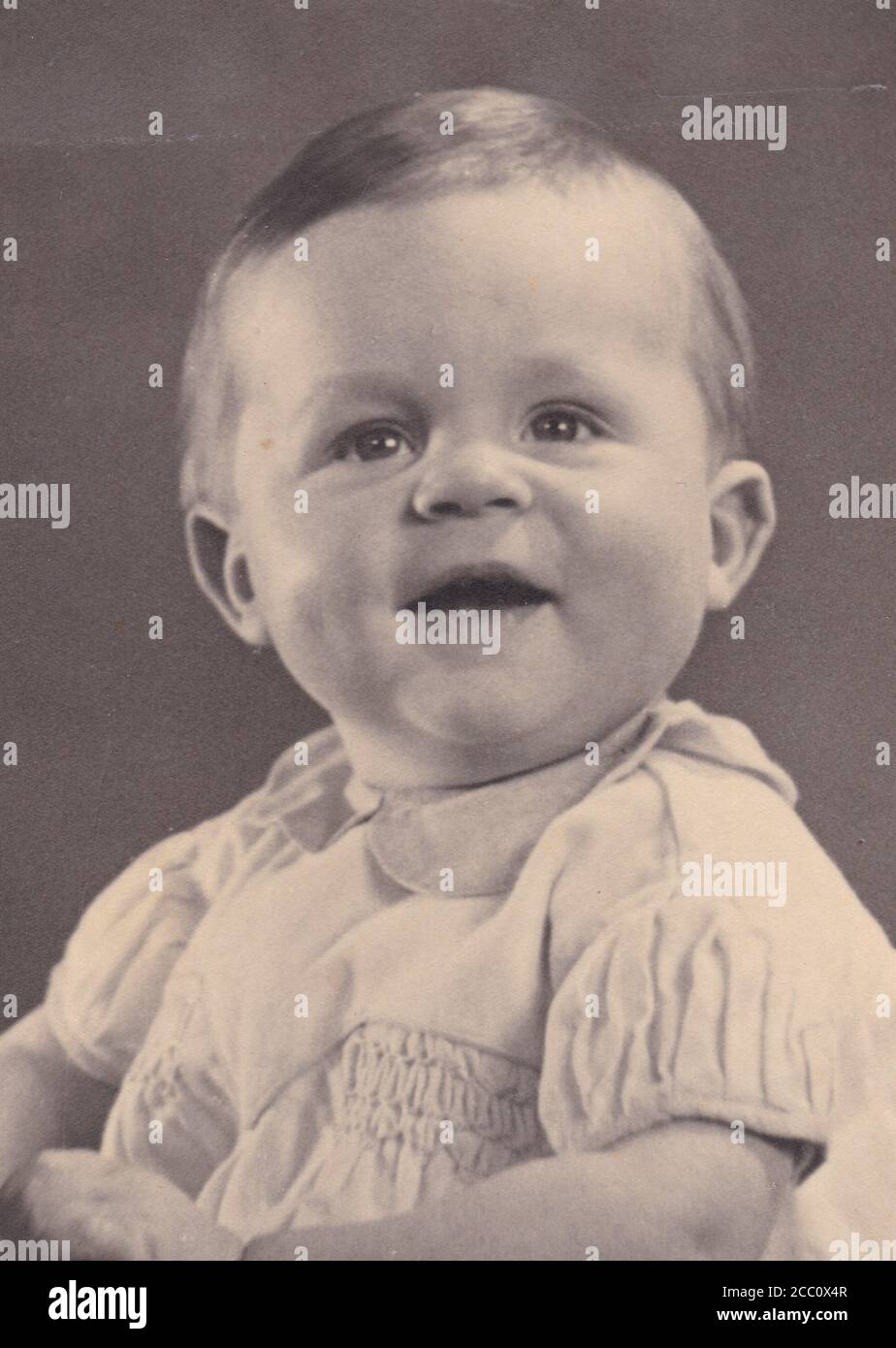 Vintage black and white photo of a cute baby 1940s Stock Photo
