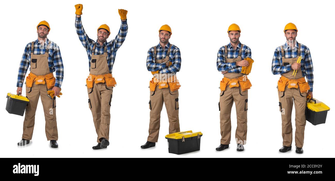 Set of images of manual worker with tools with different expressions