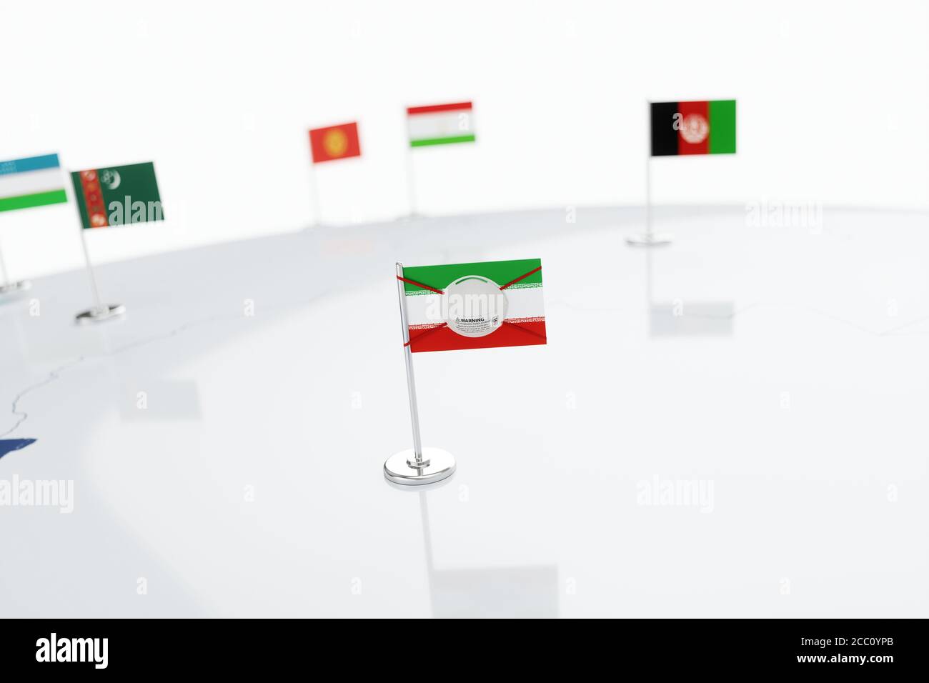 Coronavirus medical surgical face mask on the Iranian national flag. Illness, pandemic, virus covid-19 in Iran, concept 3d rendering illustration Stock Photo