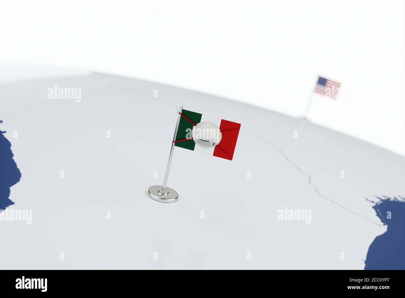 Coronavirus medical surgical face mask on the Mexican national flag. Illness, pandemic, virus covid-19 in Mexico, concept 3d rendering illustration Stock Photo