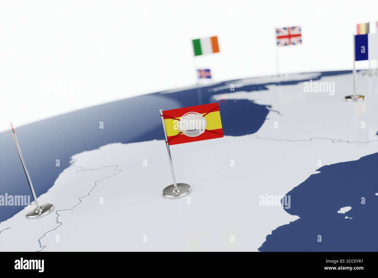 Coronavirus medical surgical face mask on the Spanish national flag. Illness, pandemic, virus covid-19 in Spain, concept 3d rendering illustration Stock Photo