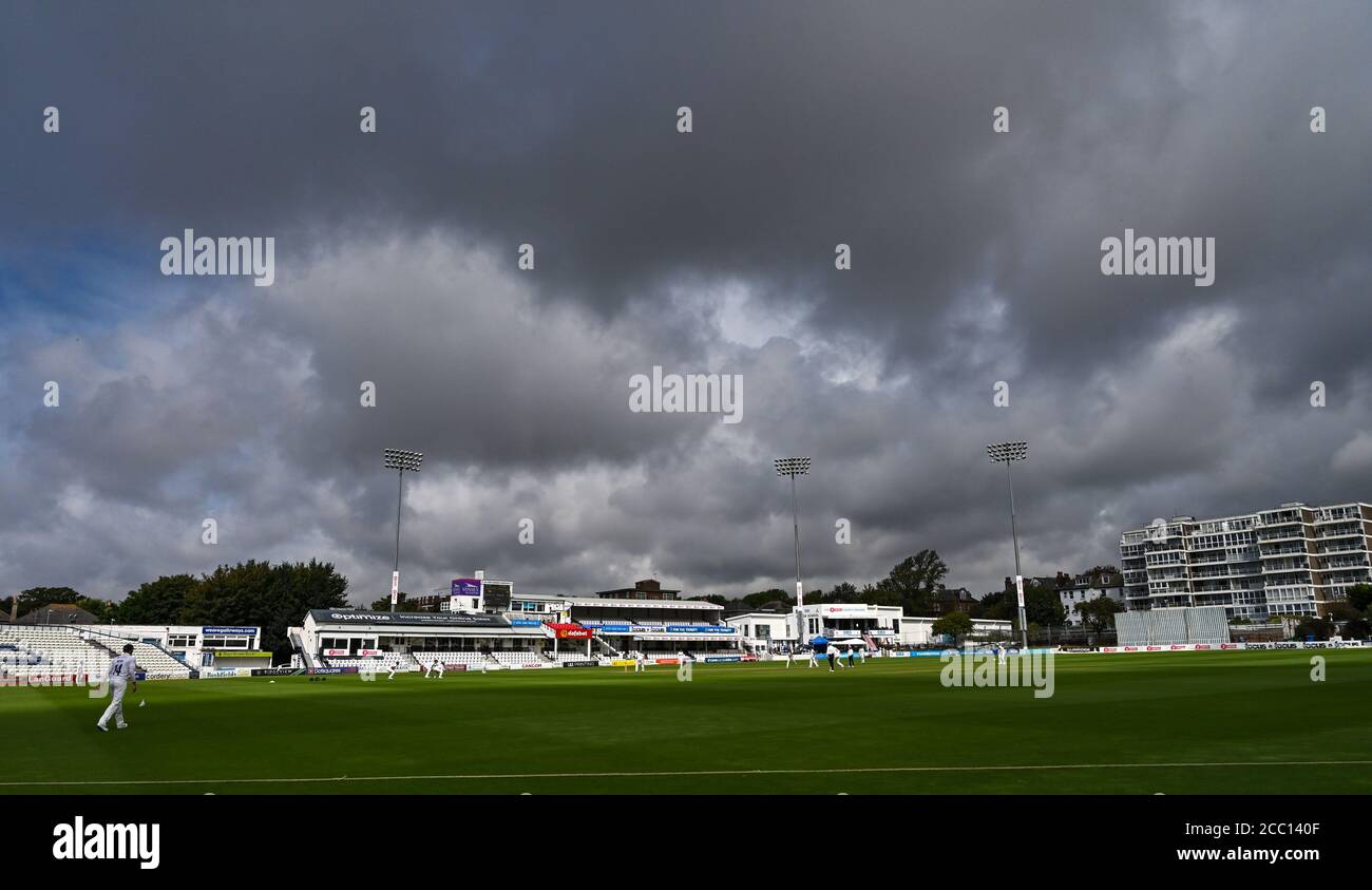 Hove UK 17th August 2020 - Dark clouds loom in the background as Sussex take on Essex  on the 3rd day of the Bob Willis Trophy cricket match taking place behind closed doors with no fans attending at The 1st Central County Ground in Hove : Credit Simon Dack / Alamy Live News Stock Photo
