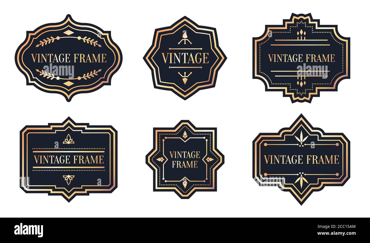 Black labels retro with rose gold frame vintage set. Different shape empty border tag menu sale price with decorative elements. Package template for text banner, sticker. Isolated vector illustration Stock Vector