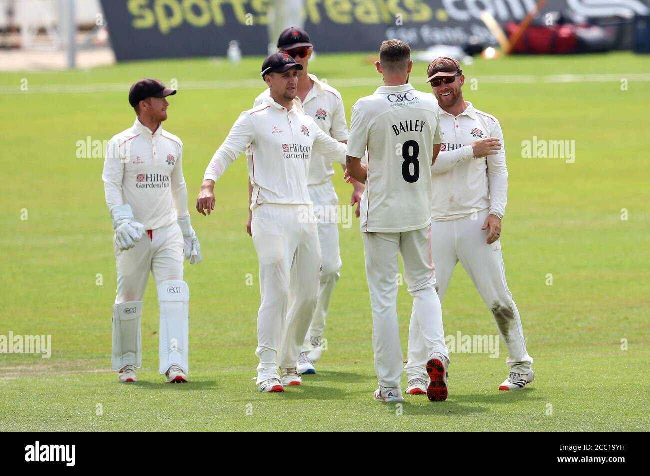 Lancashire's Steven Croft (right) celebrates with bowler Tom Bailey after taking the wicket of Nottinghamshire's Ben Slater during day three of the Bob Willis Trophy match at Trent Bridge, Nottingham. Stock Photo