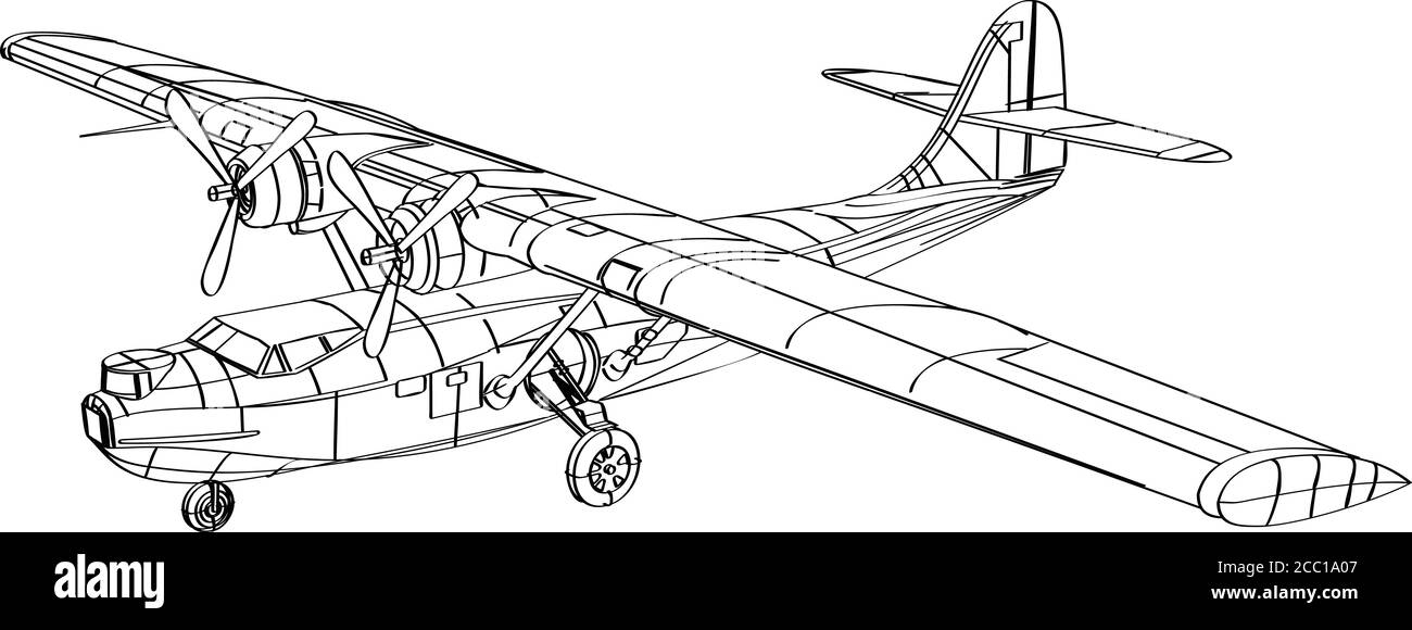 Line drawing illustration of the Consolidated PBY Catalina, a flying boat, patrol bomber and amphibious aircraft that was produced in the 1930s and 19 Stock Vector