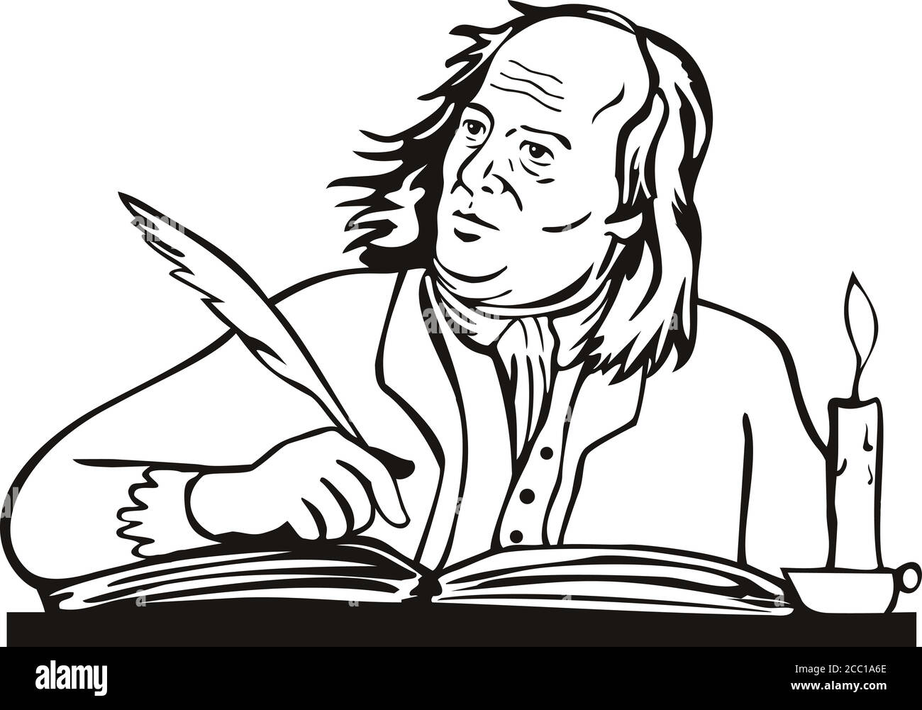 Retro style illustration of Benjamin Franklin, an American polymath and one of the Founding Fathers of the United States, as a writer writing with qui Stock Vector