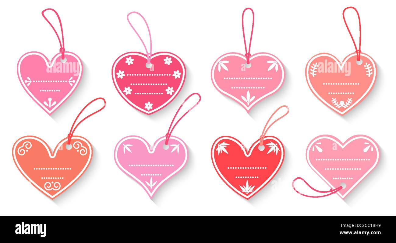 Pink paper price heart shape, tag set gift box with cord flat. Craft Valentines day sale label with rope. Isolated cardboard blank vintage decorative frames template with text box Vector illustration Stock Vector