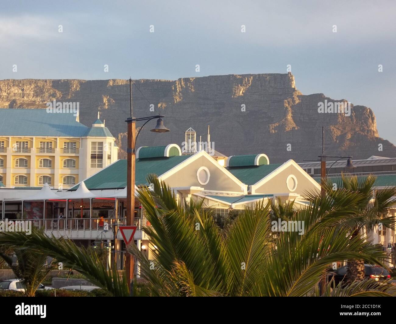 View from below of table mountain on a sunset or sunrise from waterfront in Capetown South Africa Stock Photo