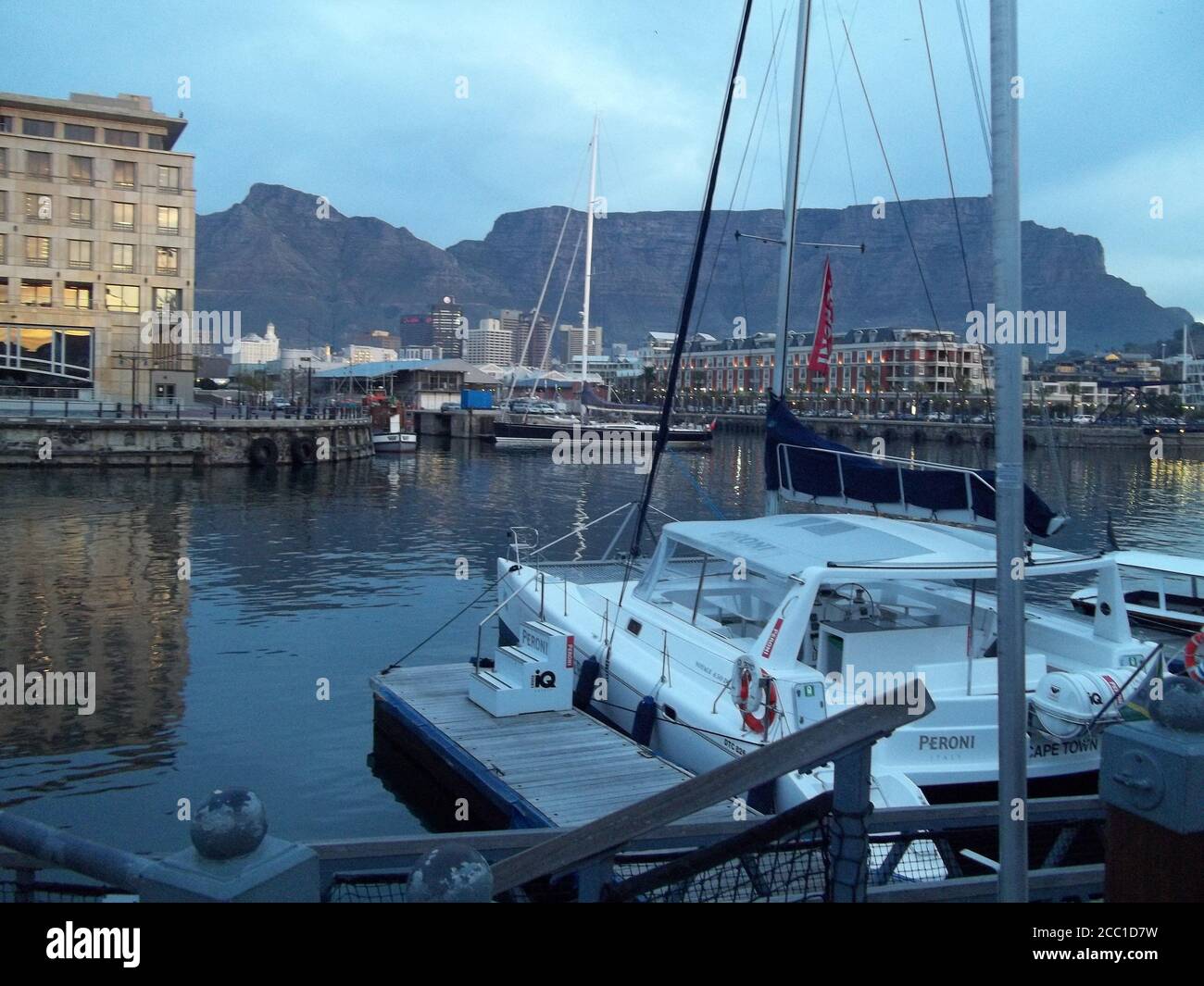 View from below of table mountain from harbor waterfront in cape town South Africa Stock Photo