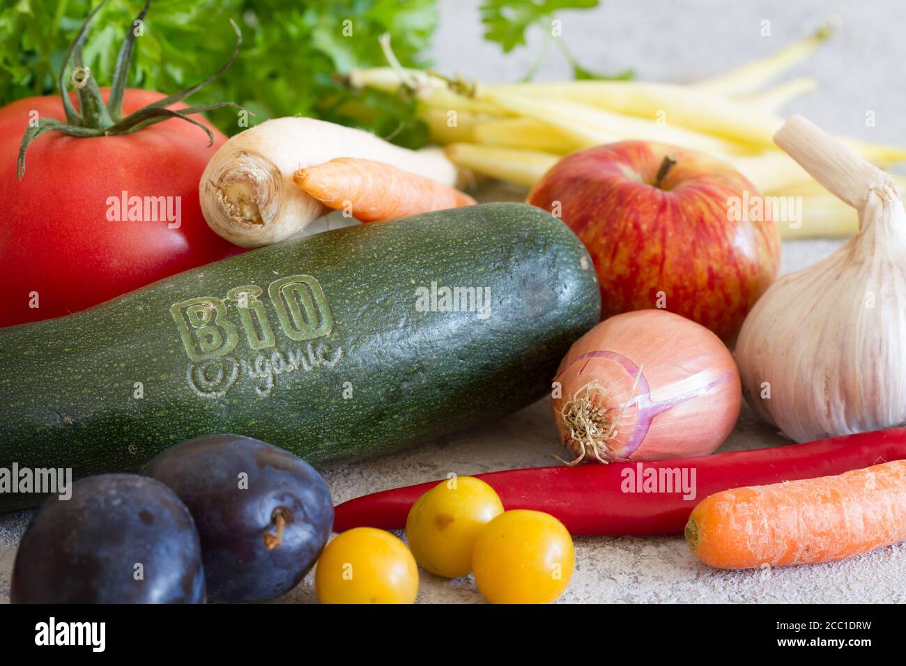 Bio organic vegetables and fruits, healthy food concept Stock Photo