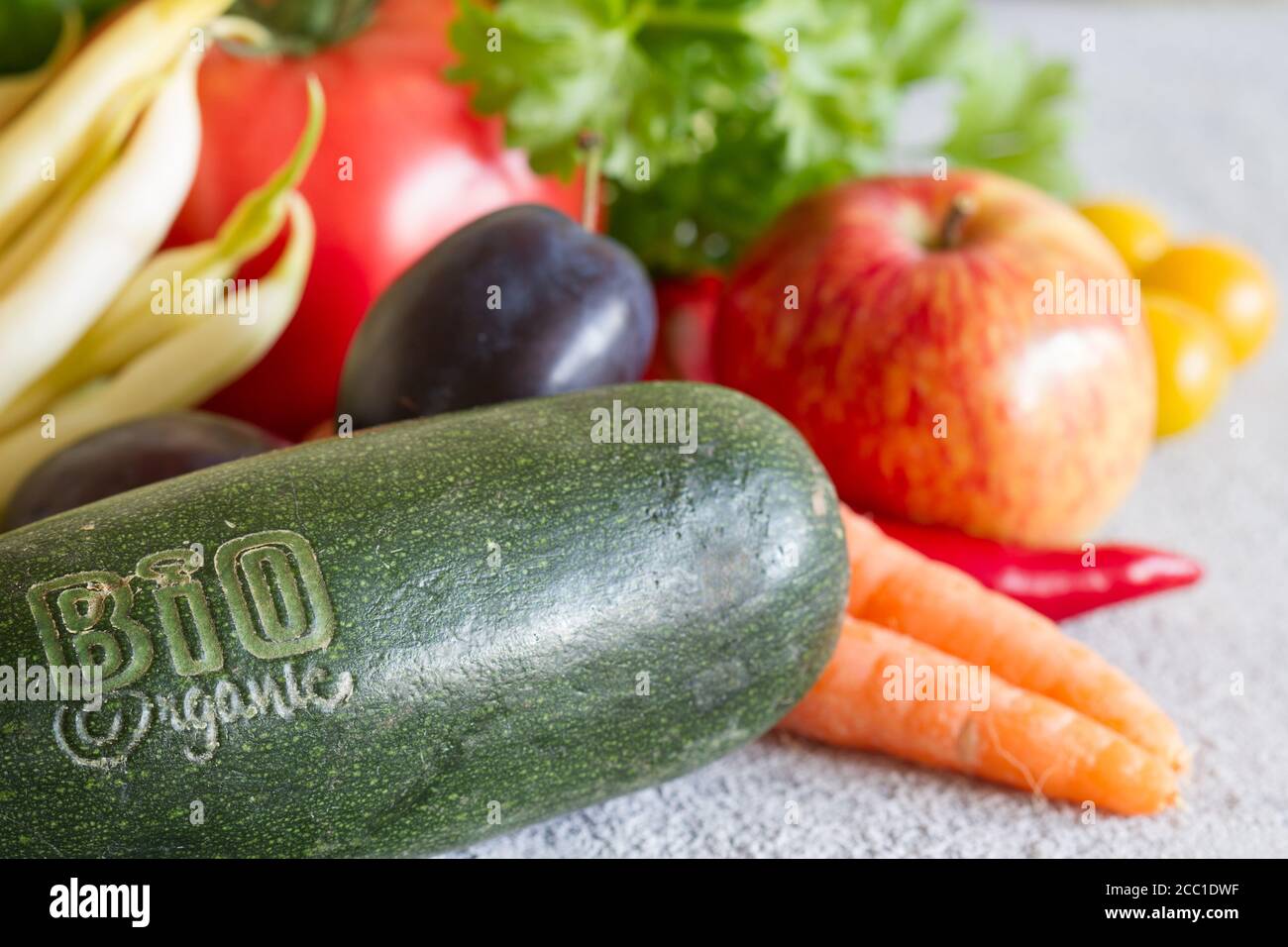 Bio organic vegetables and fruits, healthy food concept Stock Photo