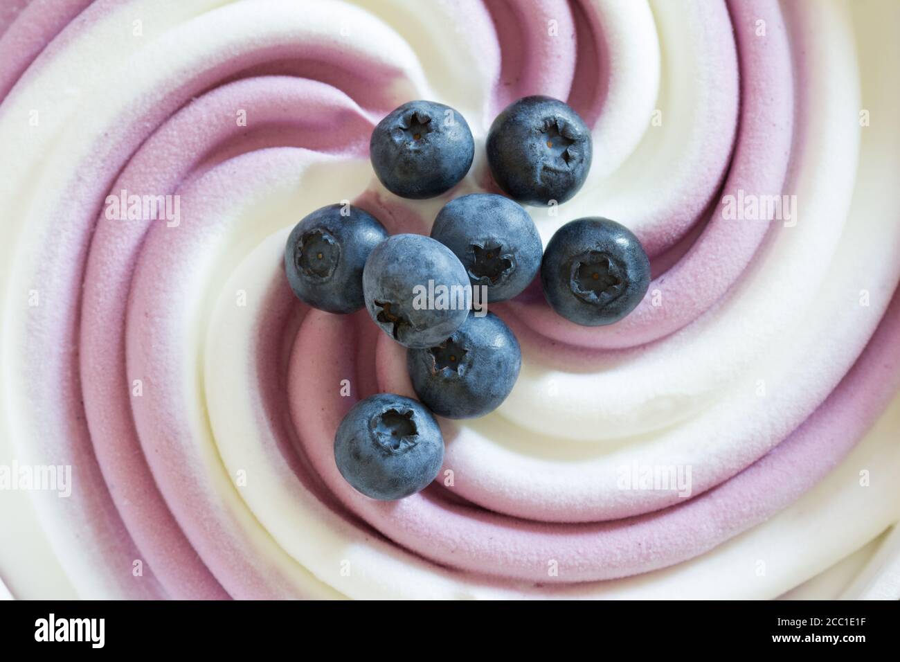 Twisted vanilla-berry ice cream with blueberries. Swirling texture Stock Photo