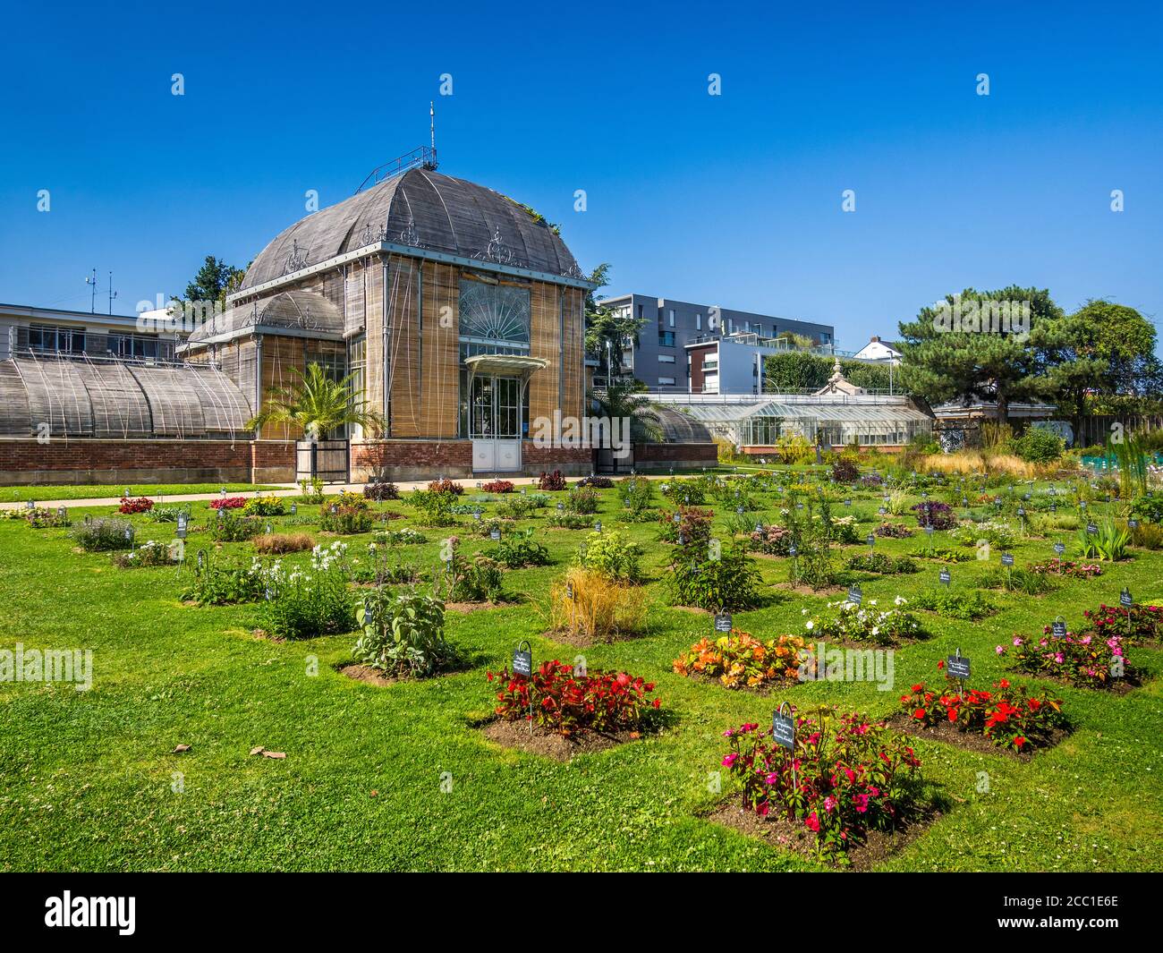 Wooden blinds covering the windows of the Palmarium in the Jardin des Plantes - Nantes, Loire-Atlantique, France. Stock Photo