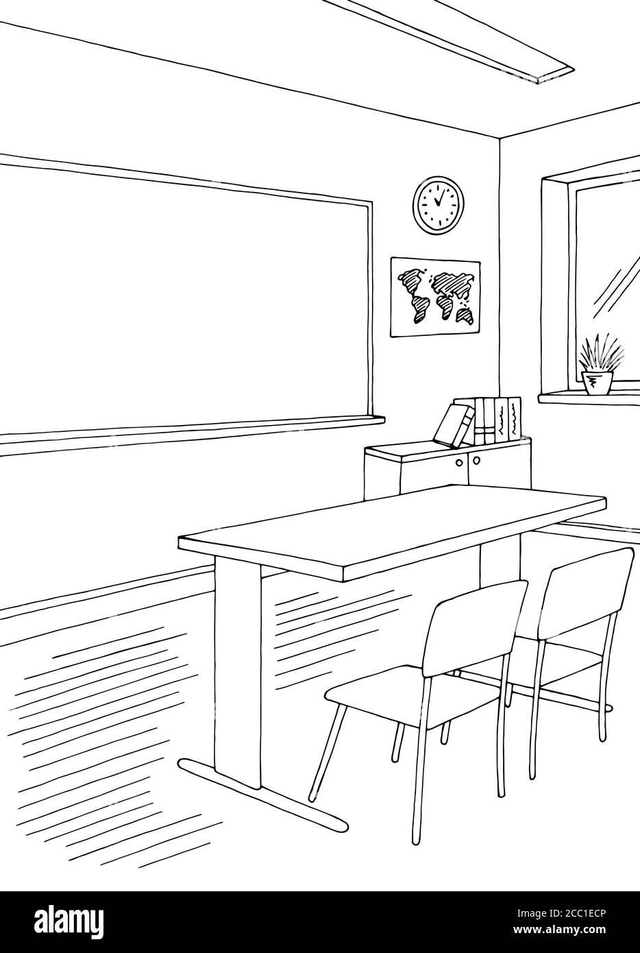 Classroom graphic black white vertical school interior sketch illustration vector Stock Vector