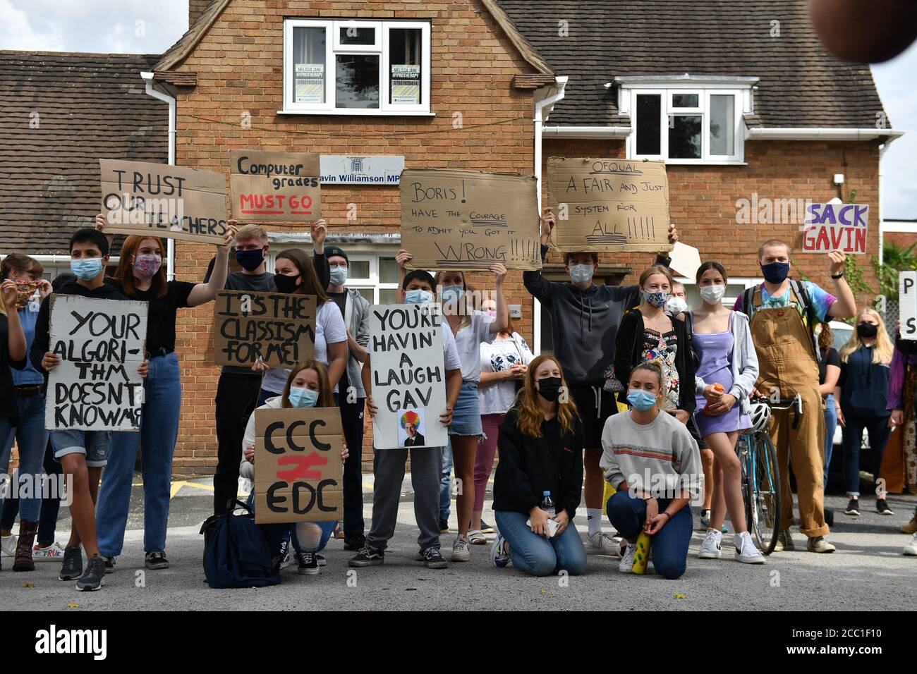 Students from Codsall Community High School protest outside the constituency office of their local MP, Education Secretary Gavin Williamson, as they protest over the continuing issues of last week's A level results which saw some candidates receive lower-than-expected grades after their exams were cancelled as a result of coronavirus. Stock Photo