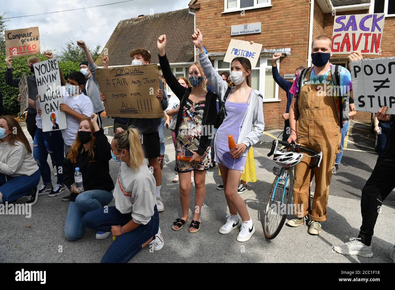 Students from Codsall Community High School protest outside the constituency office of their local MP, Education Secretary Gavin Williamson, as they protest over the continuing issues of last week's A level results which saw some candidates receive lower-than-expected grades after their exams were cancelled as a result of coronavirus. Stock Photo