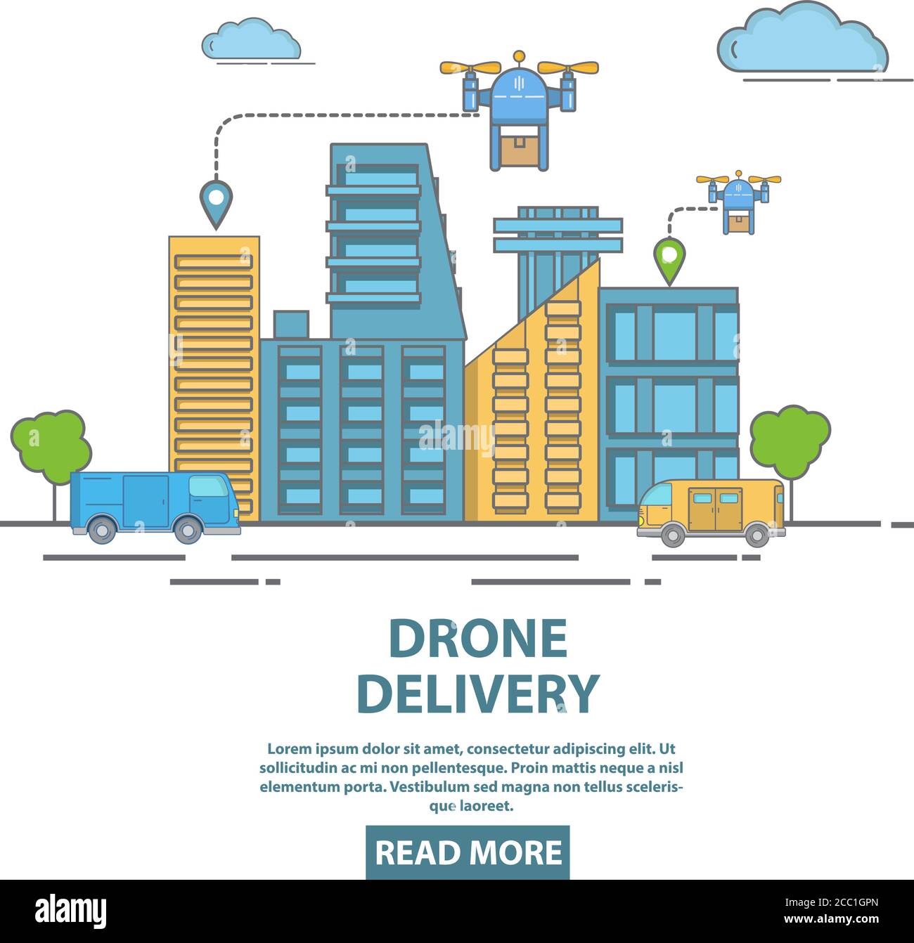 City drone delivery vector illustration in flat linear style Stock ...