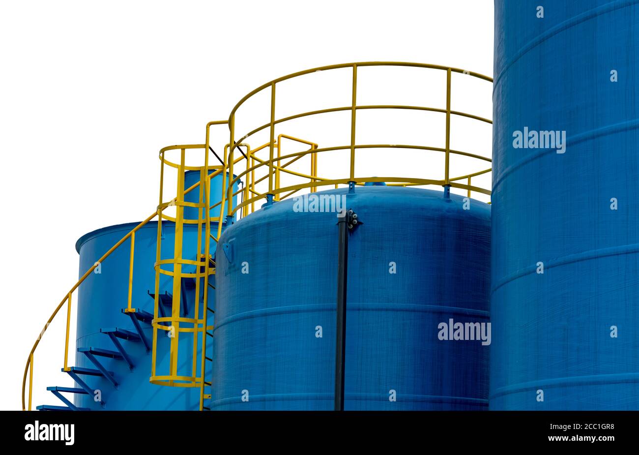 Closeup fuel storage tank in petroleum refinery. Blue big tank of oil storage. Fuel silo. Liquid