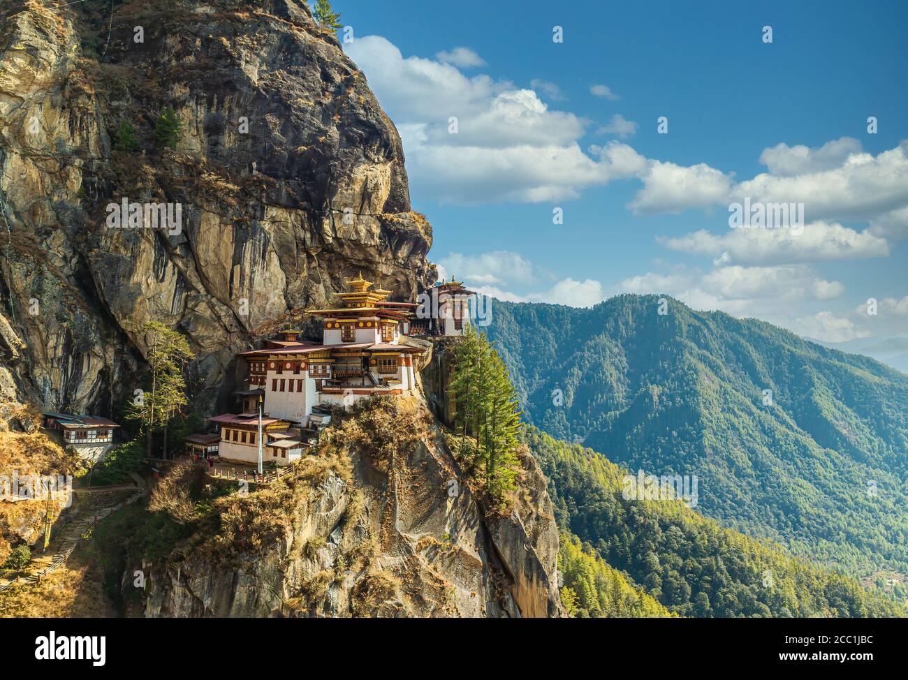 A view of the cliffside Tiger's Nest Monastery in Paro, Bhutan Stock Photo