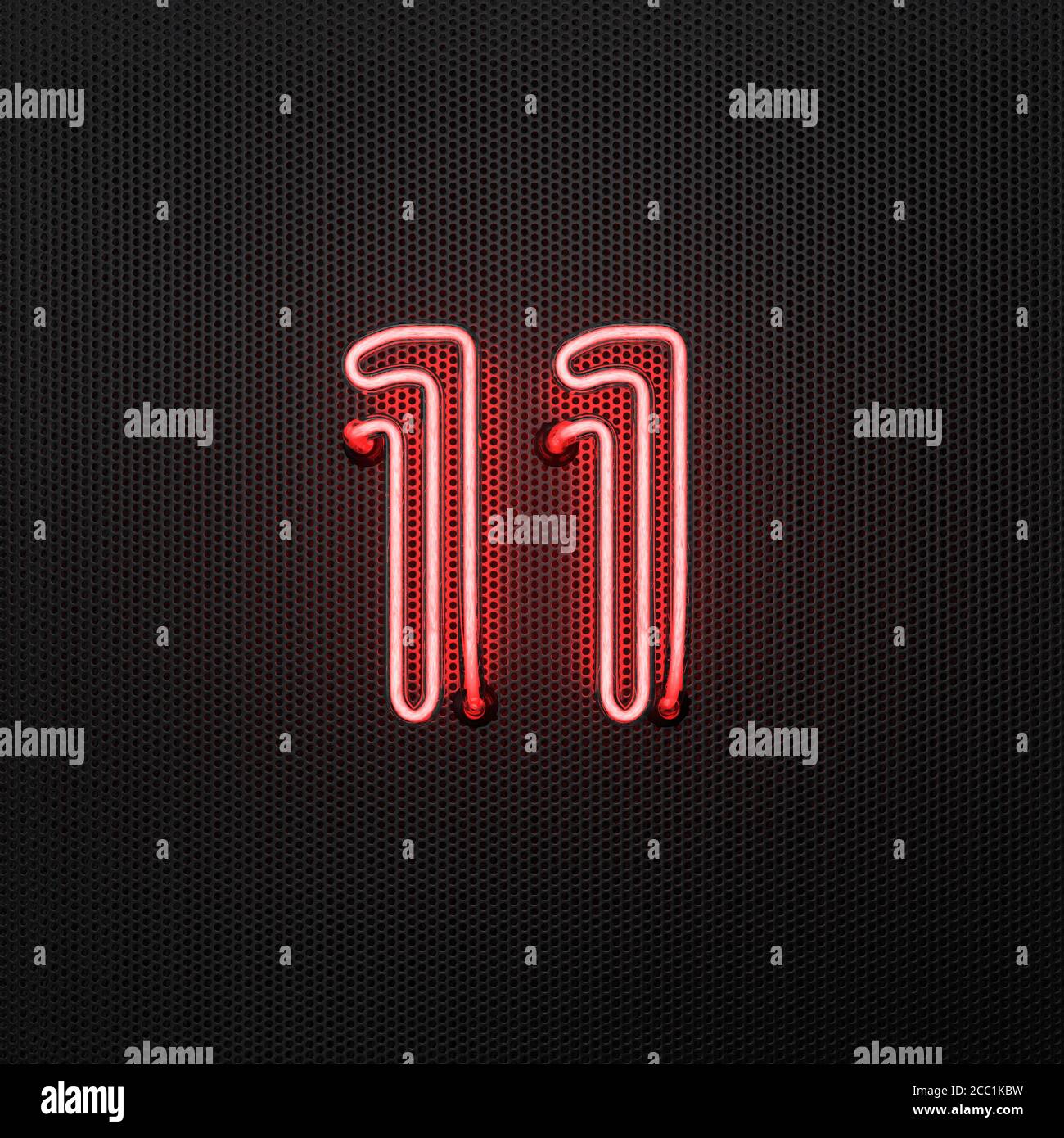 Glowing red neon number 11 (number eleven) on a perforated metal